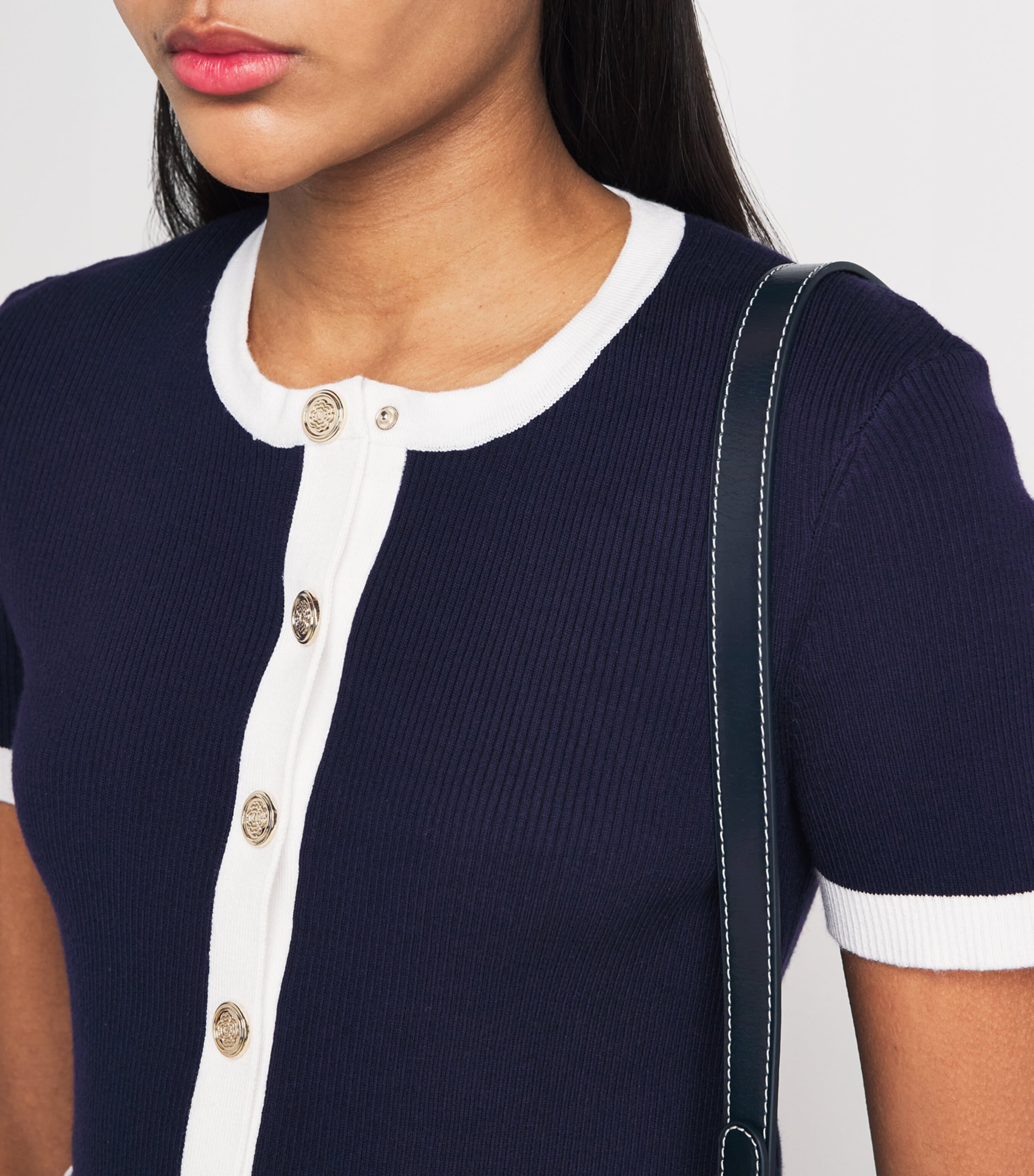 Maje Womens Contrast-Trim Cropped Cardigan Navy / Ecru Image 3