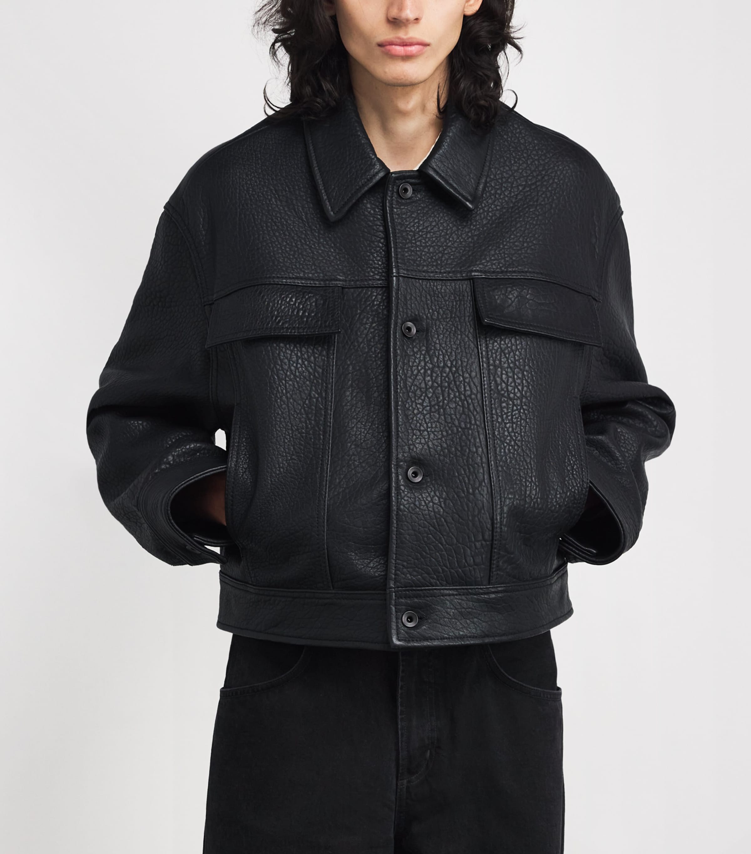 Leather Oversized Doyard Jacket BLACK Image 3