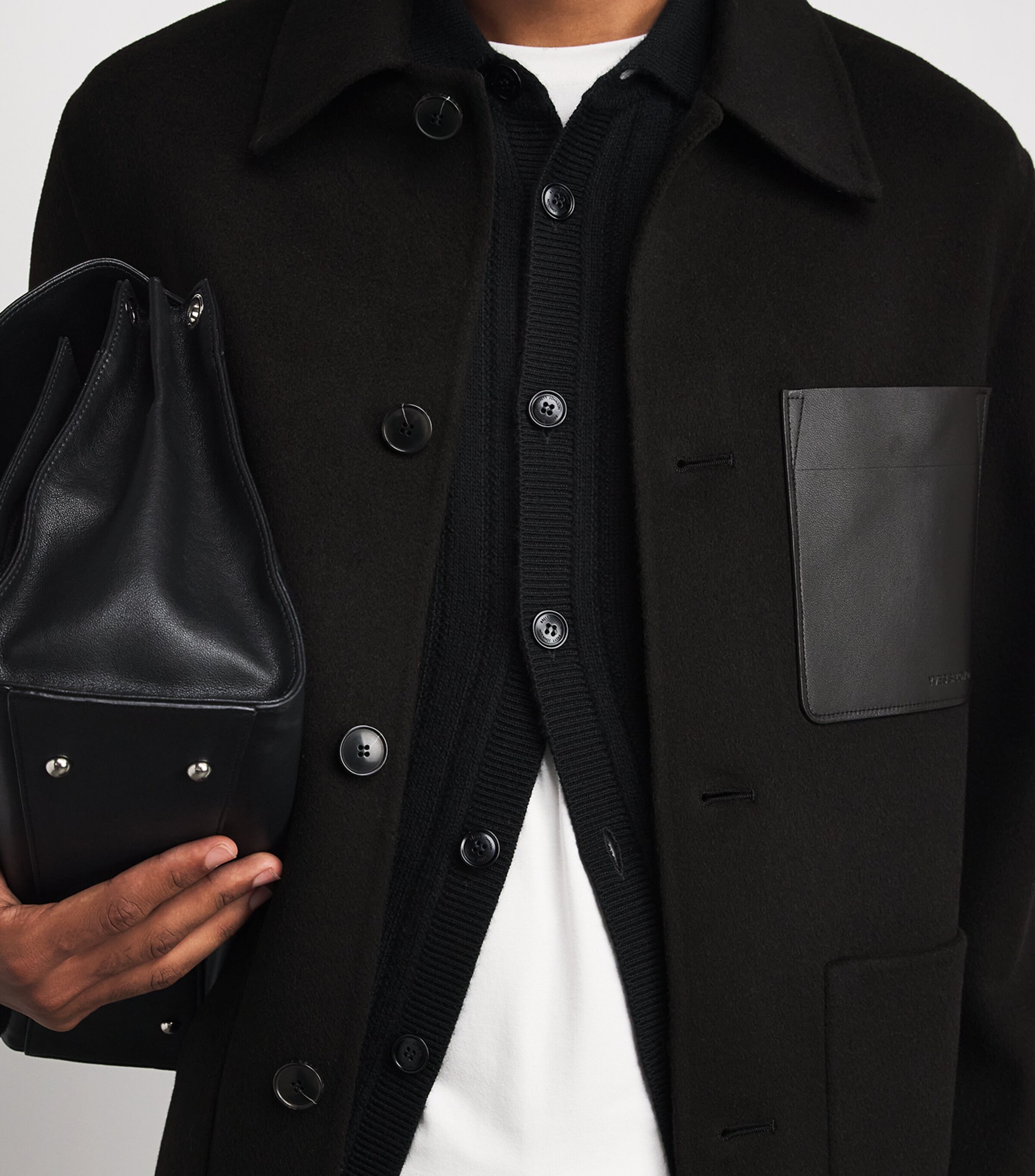 Yves Salomon Mens Wool-Cashmere Leather Patch Overshirt Noir Image 3