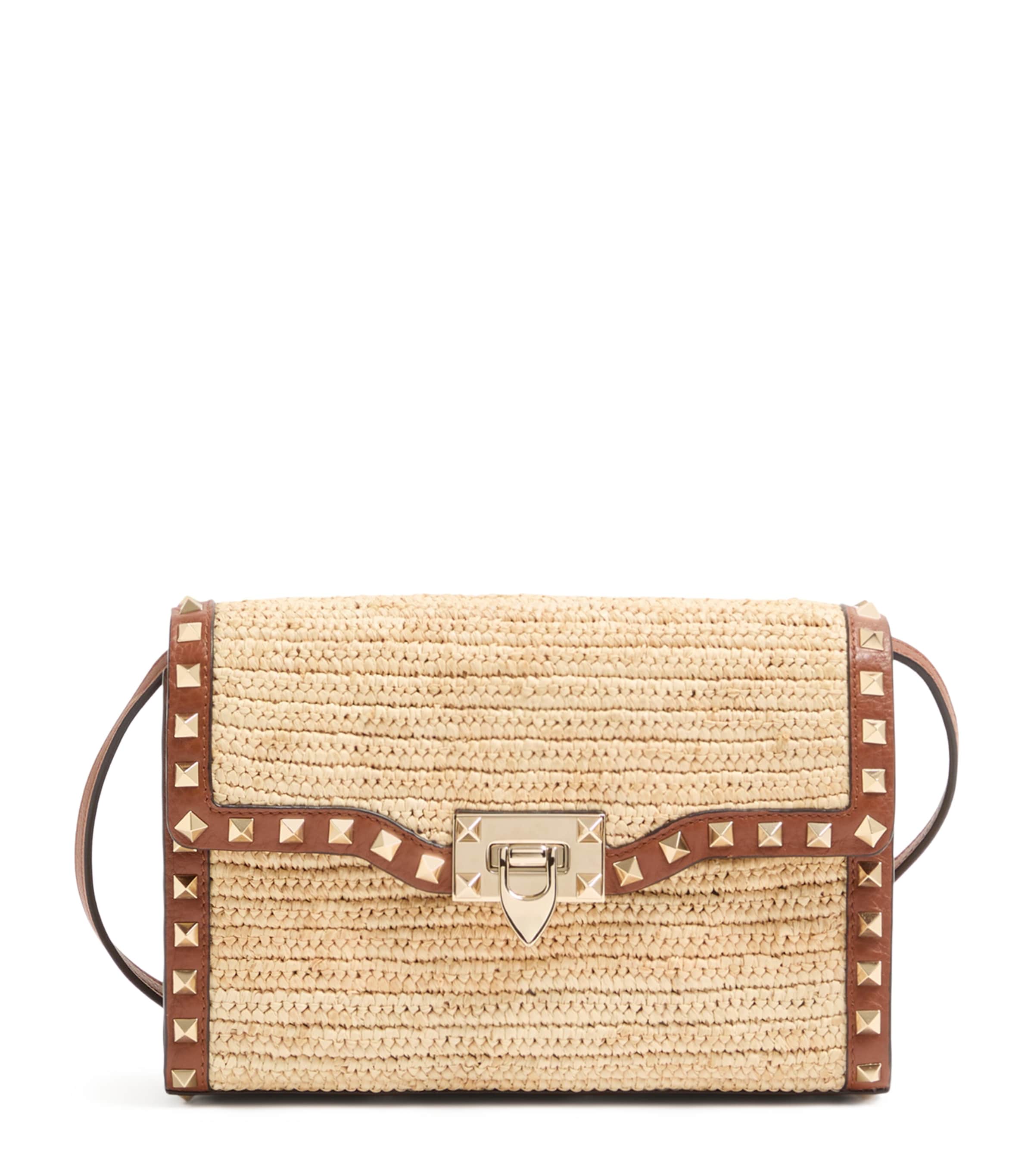 Valentino Garavani Small Leather-Raffia Rockstud Shoulder Bag Image 1