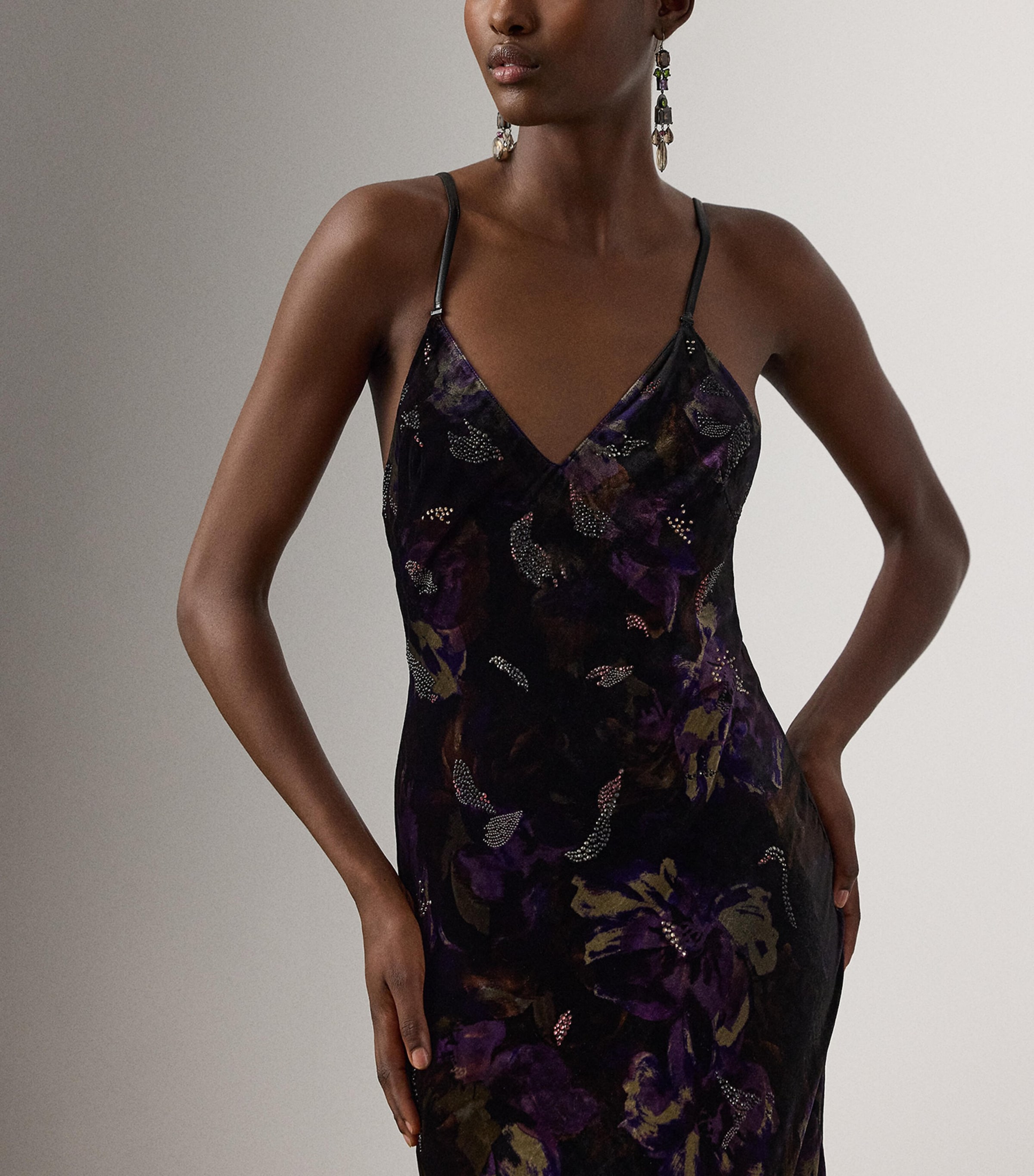 Velvet Embellished Floral Evening Dress BLACK/AUBERGINE Image 2
