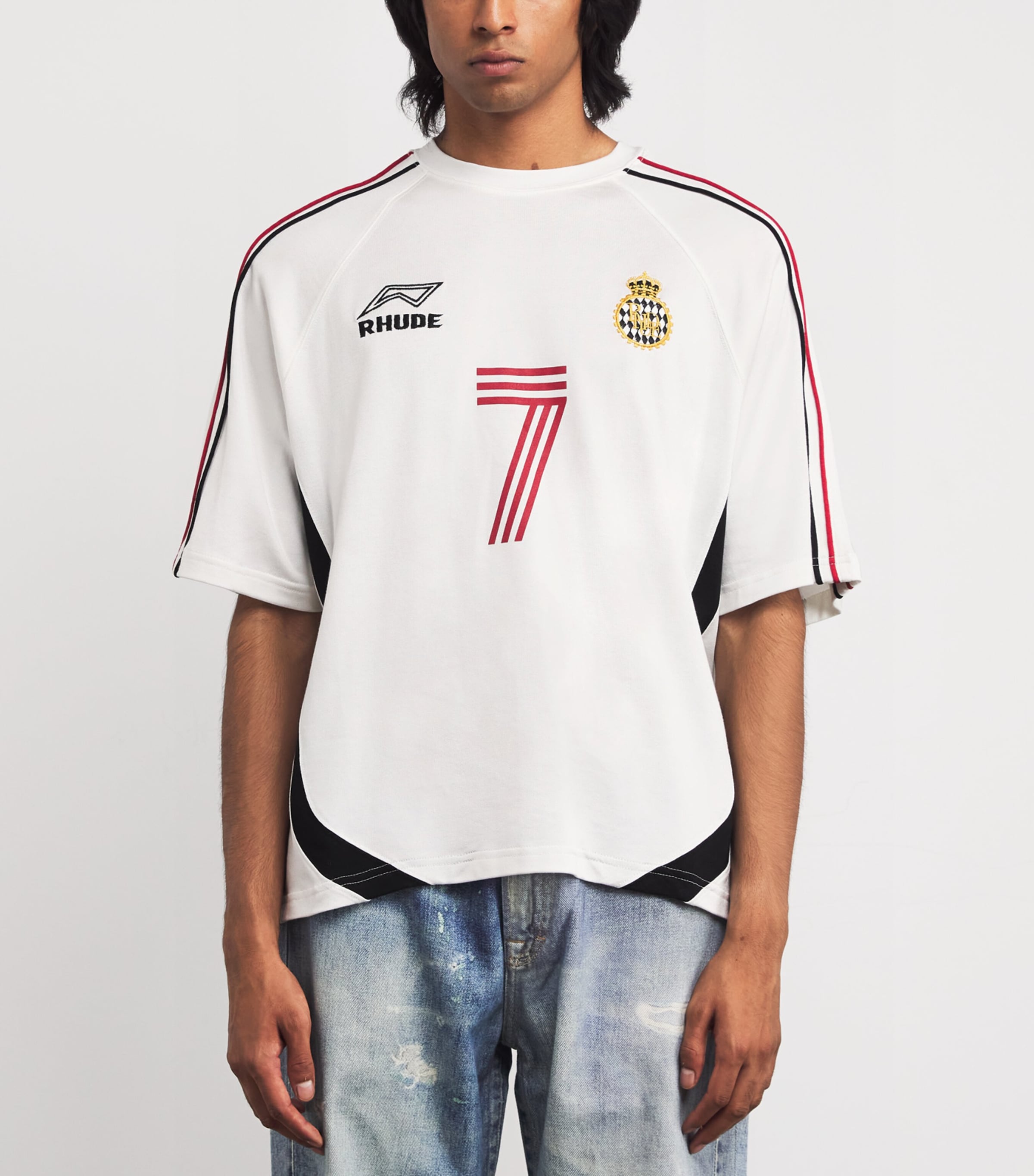 Rhude Mens Cotton-Blend Football Jersey T-Shirt White/black/red Image 3