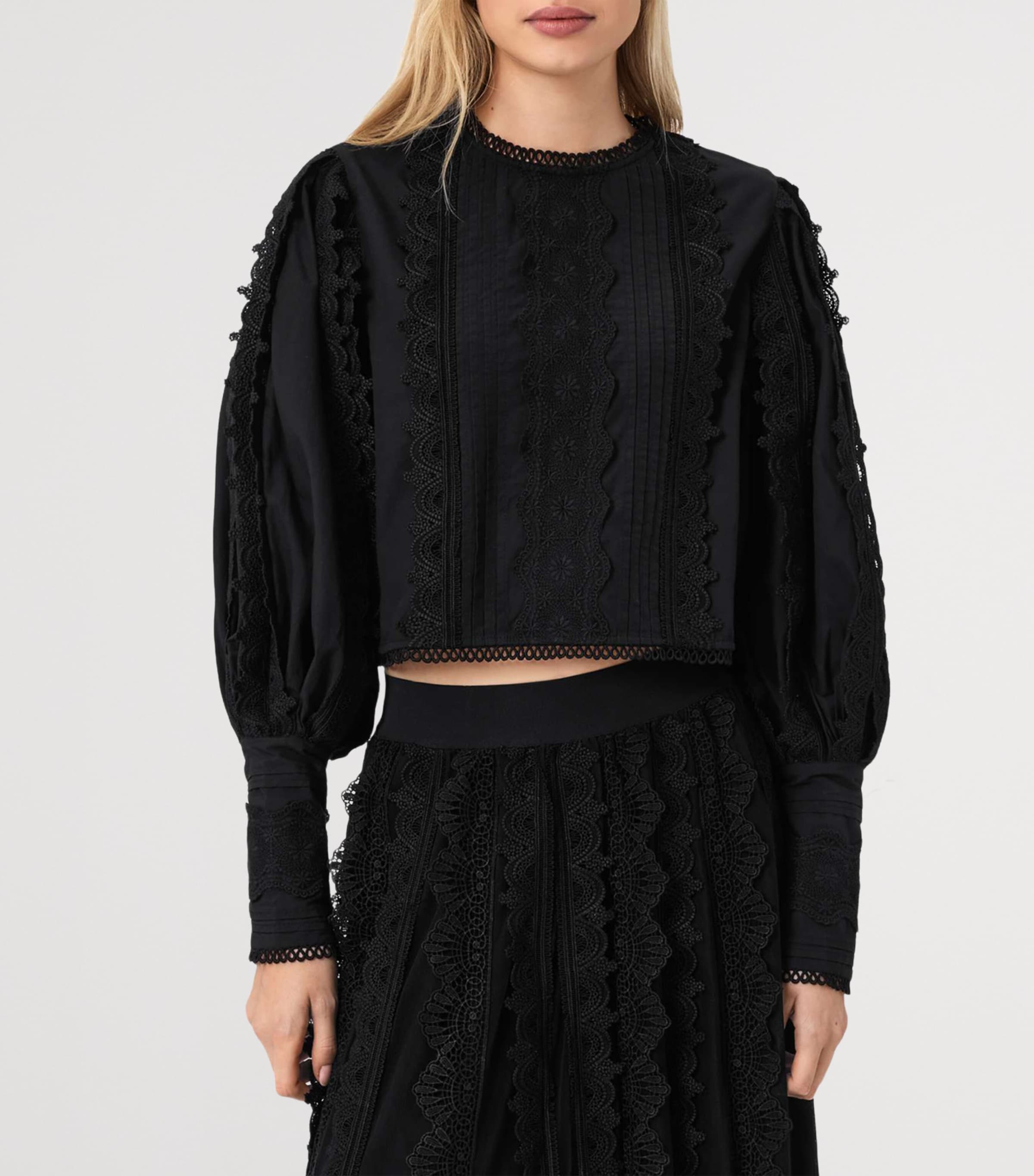 AllSaints Womens Cotton-Lace Long-Sleeve Top Black Image 3