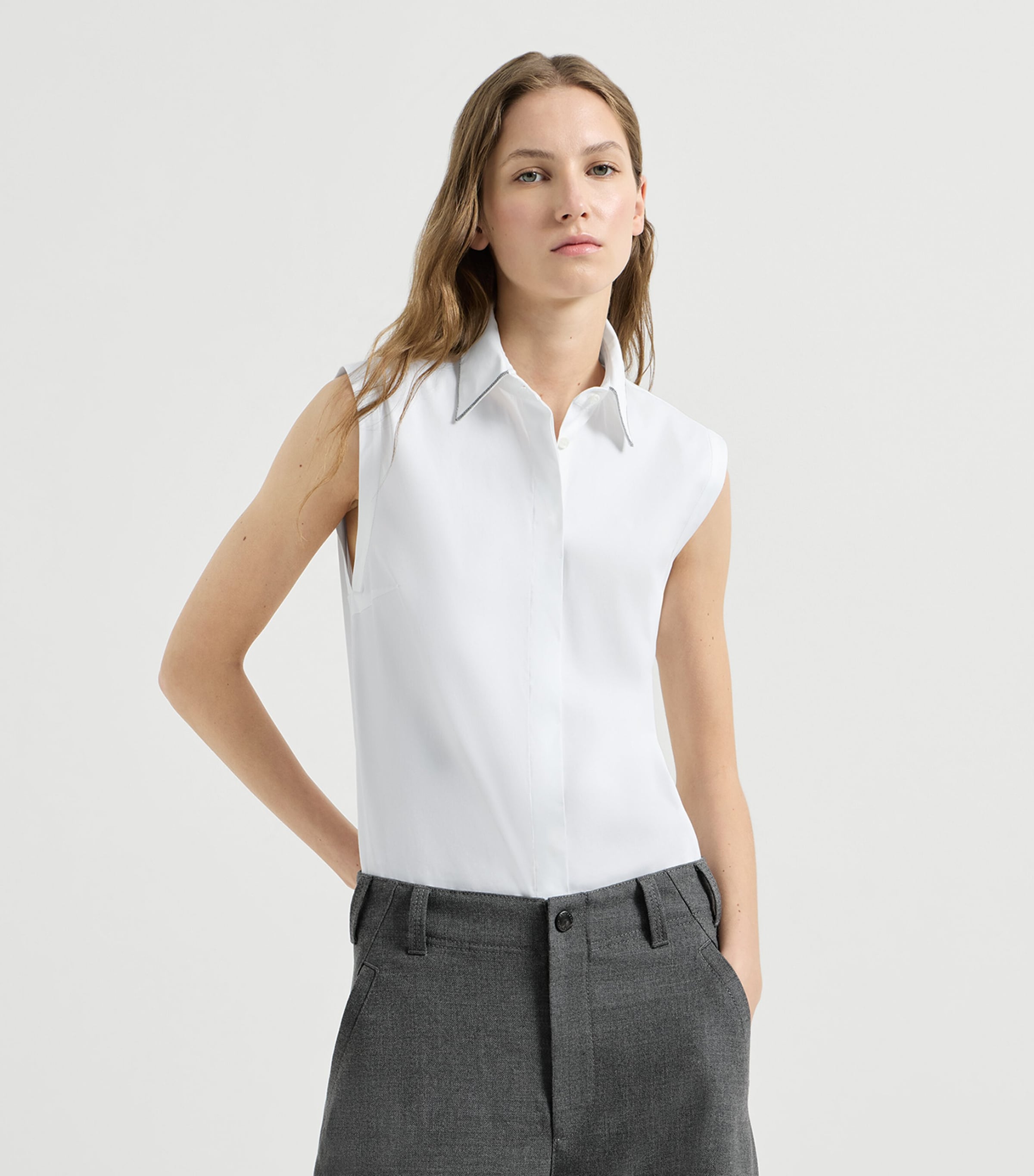 Brunello Cucinelli Womens Stretch-Cotton Poplin Sleeveless Shirt Image 4