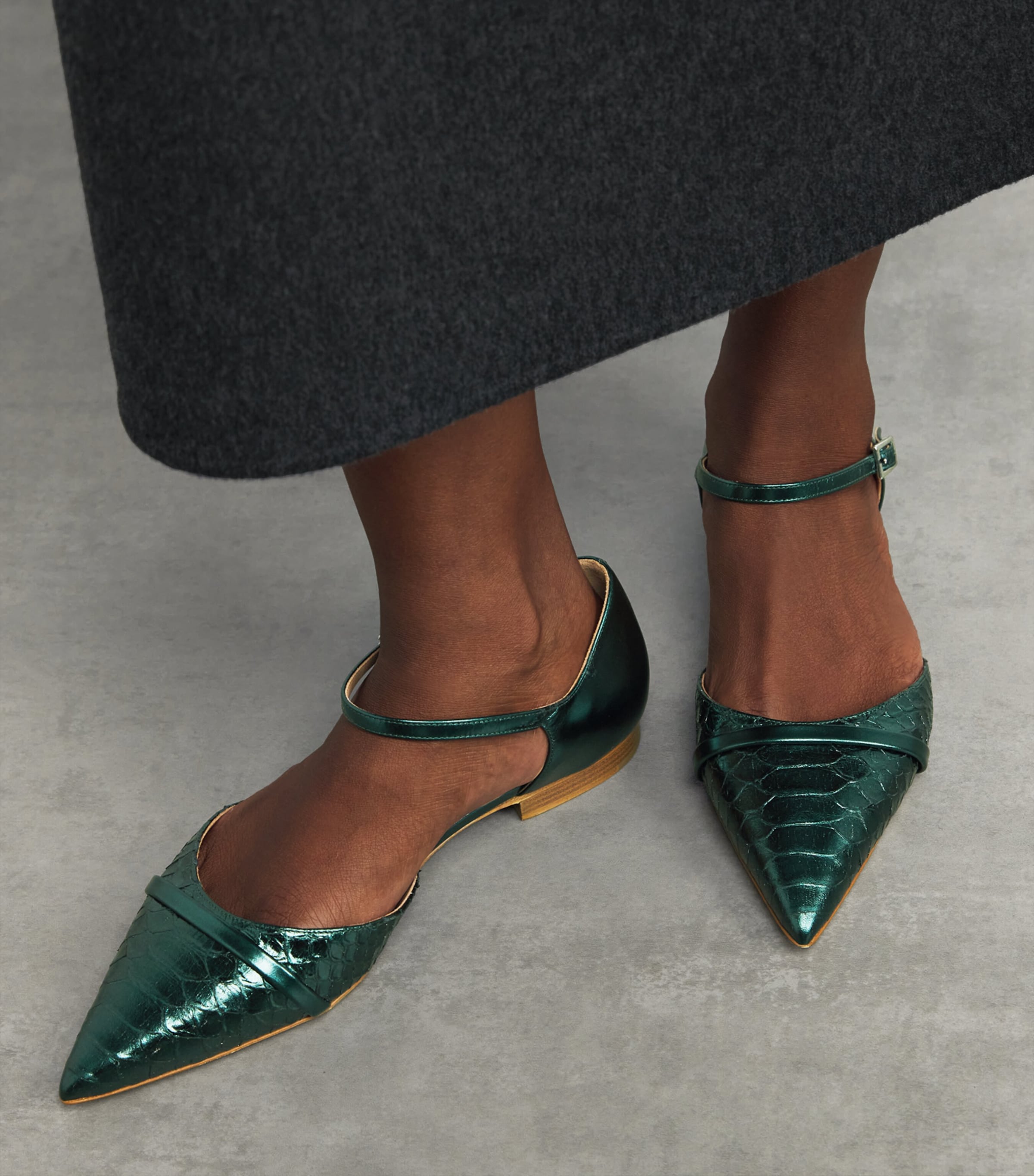 Leather Crocodile-Effect Ulla Flats DARK GREEN Image 6