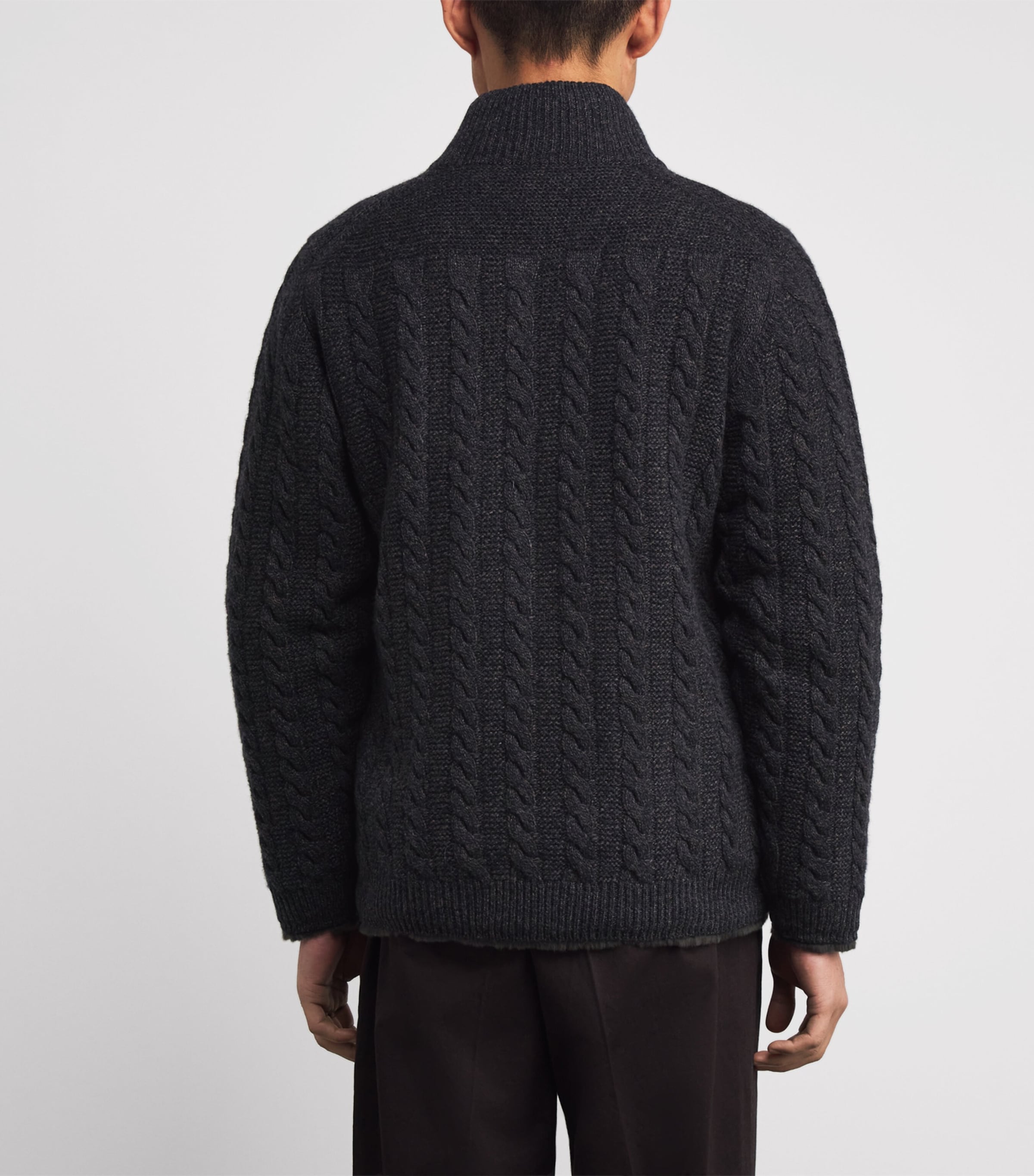 Cashmere Rex Fur-Trim Cable-Knit Aspen Cardigan GRANITE DARK BROWN Image 4