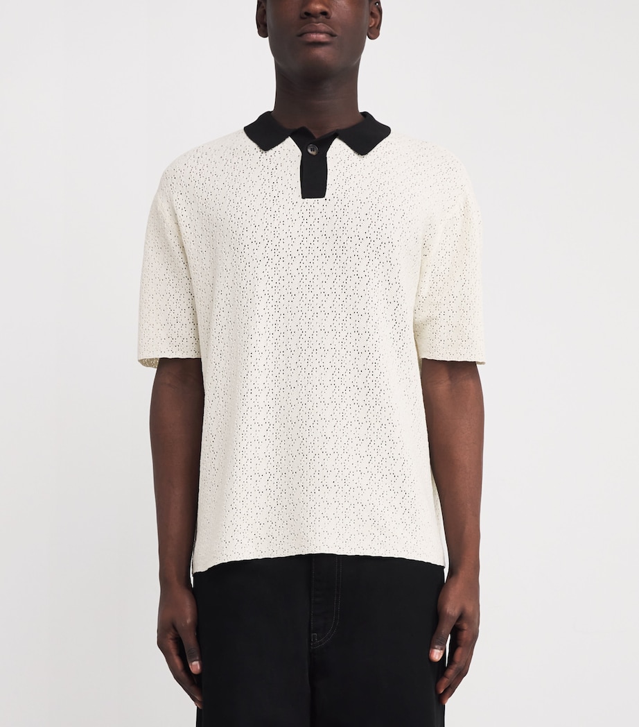 COMMAS Mens Cotton-Blend Pointelle Knit Polo Shirt Cream Image 3