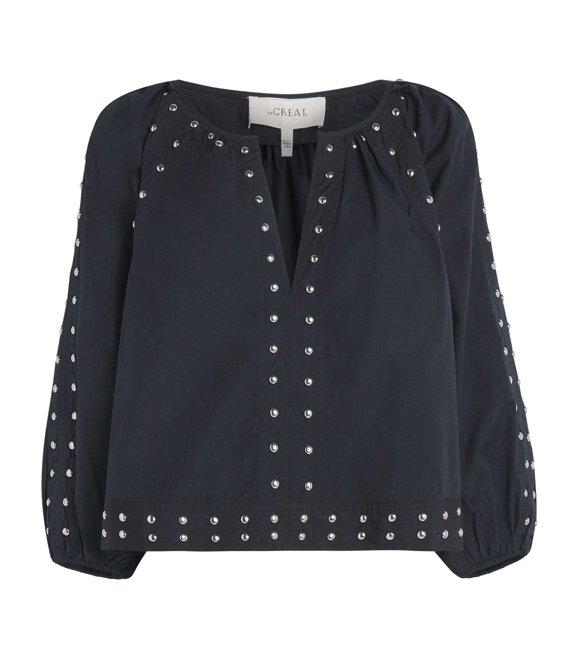 The Great . The Bodega Studded Cotton Poplin Top In Blue