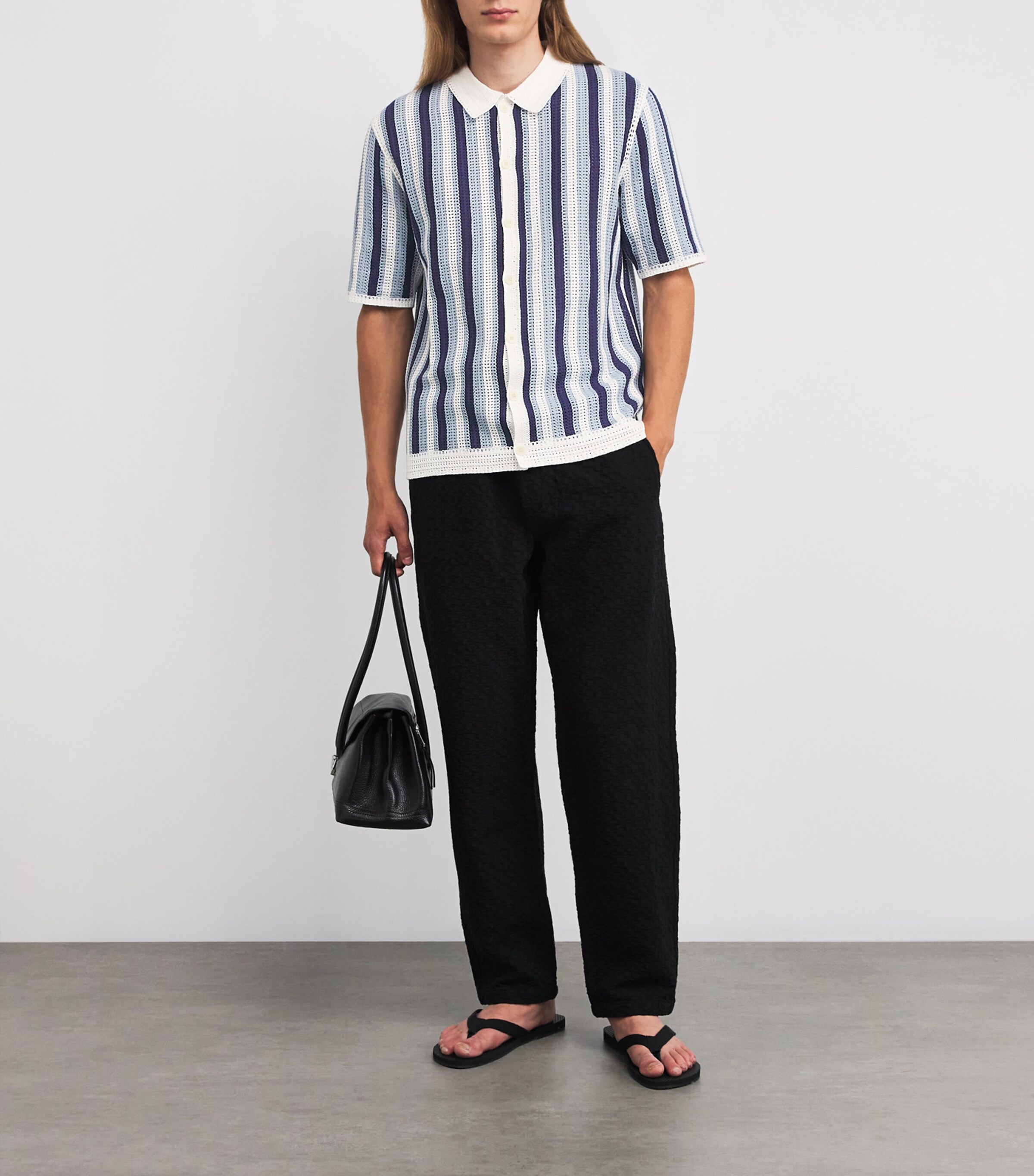 Wax London Mens Crochet Stripe Shirt Blue / Ecru Image 2