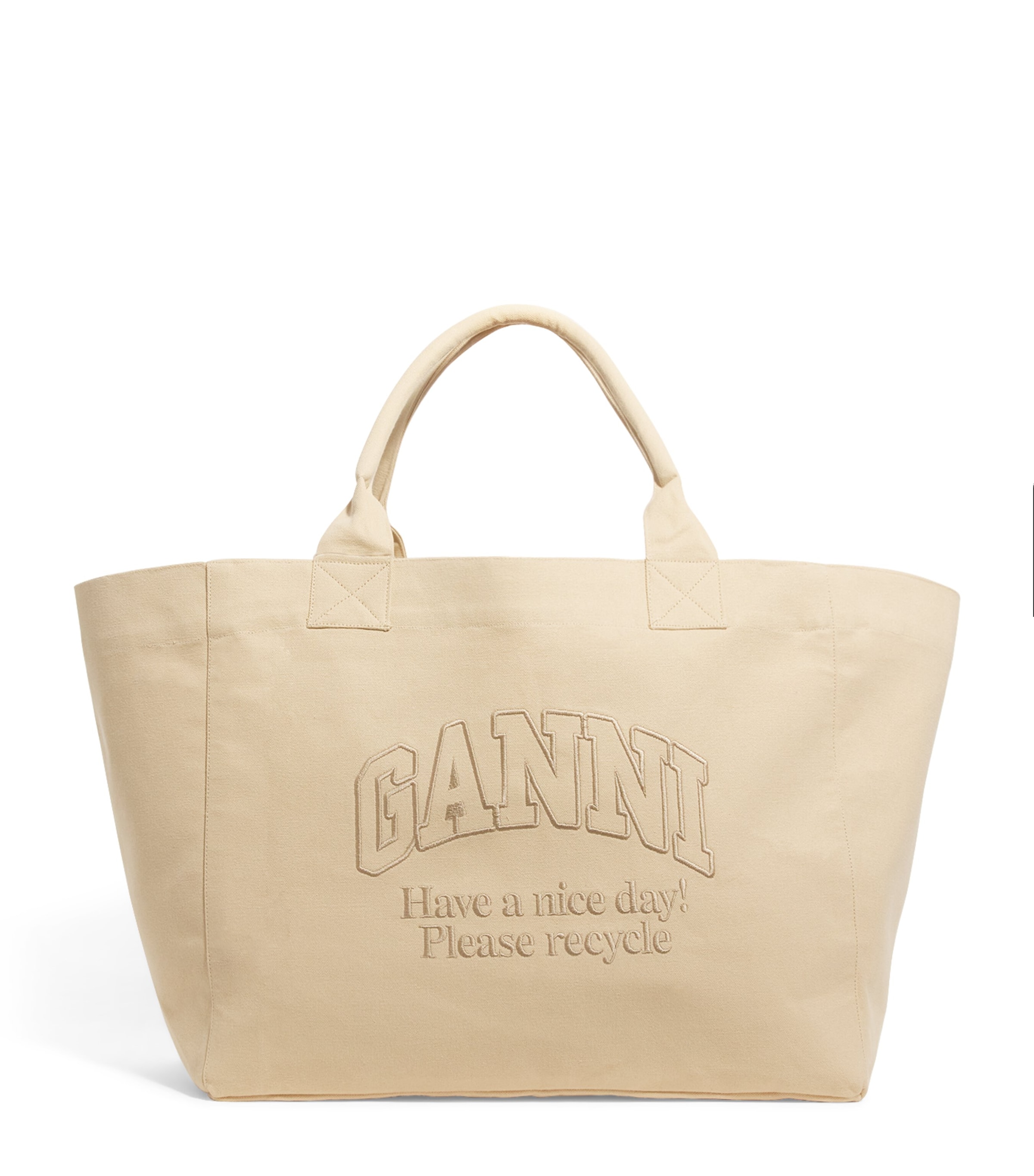 Shop Ganni Canvas Logo Oversized Tote Bag In Beige