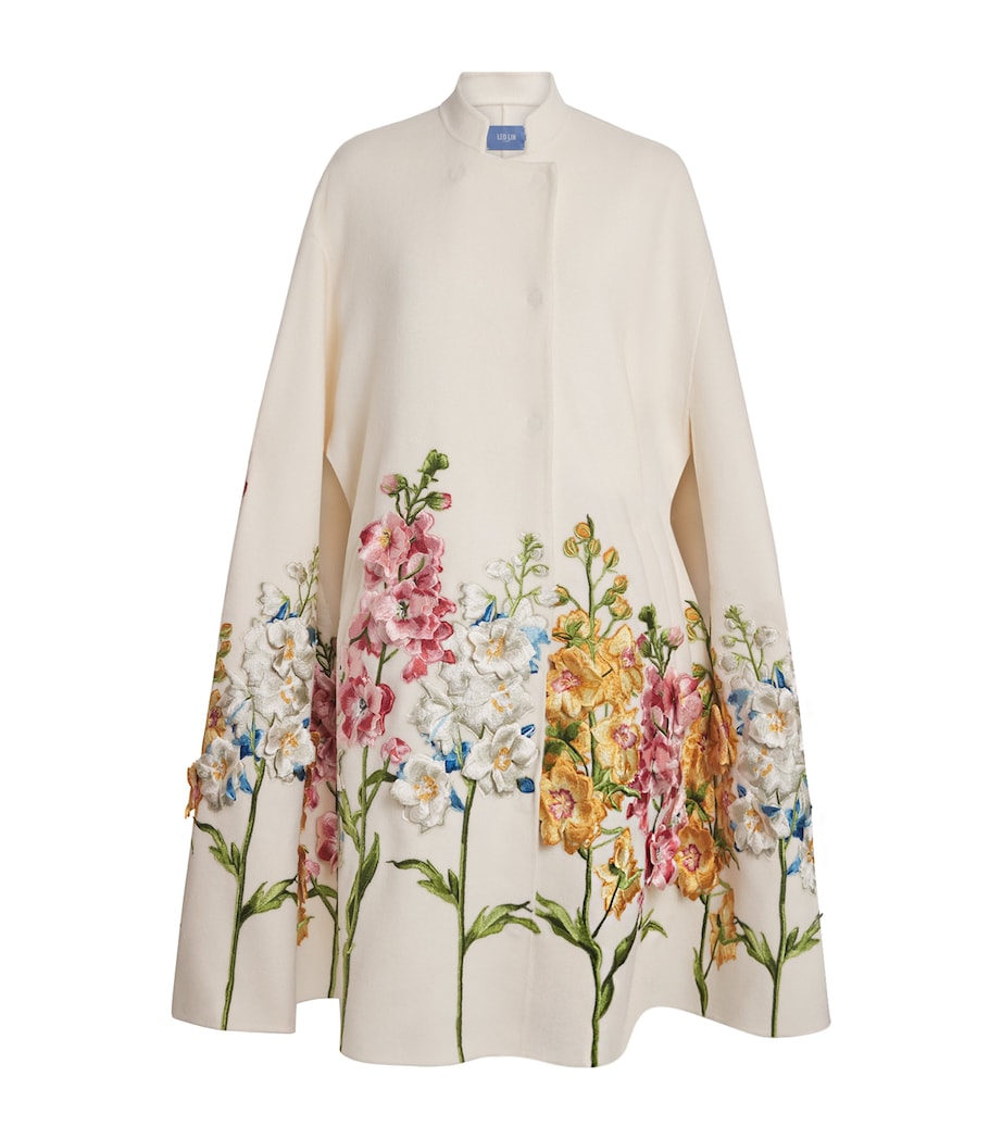 LEO LIN Womens Wool Floral Embroidered Clover Cape Coat Snapdrgn Prnt In Snw Image 1
