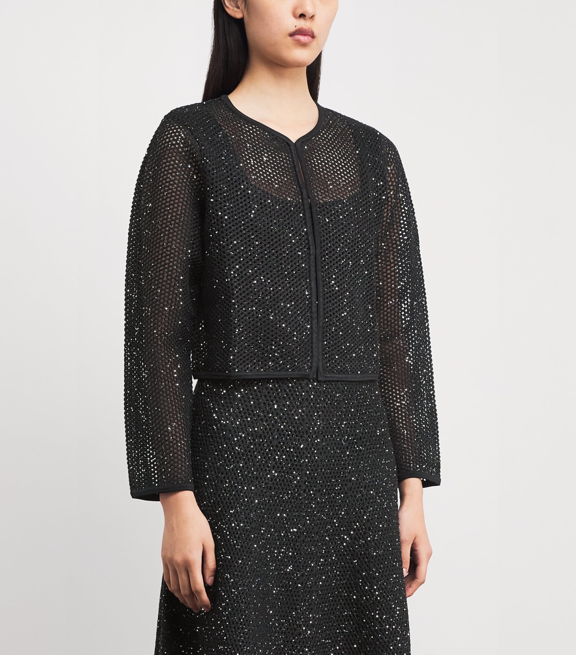 Embellished Open-Knit Cardigan BLACK Image 3