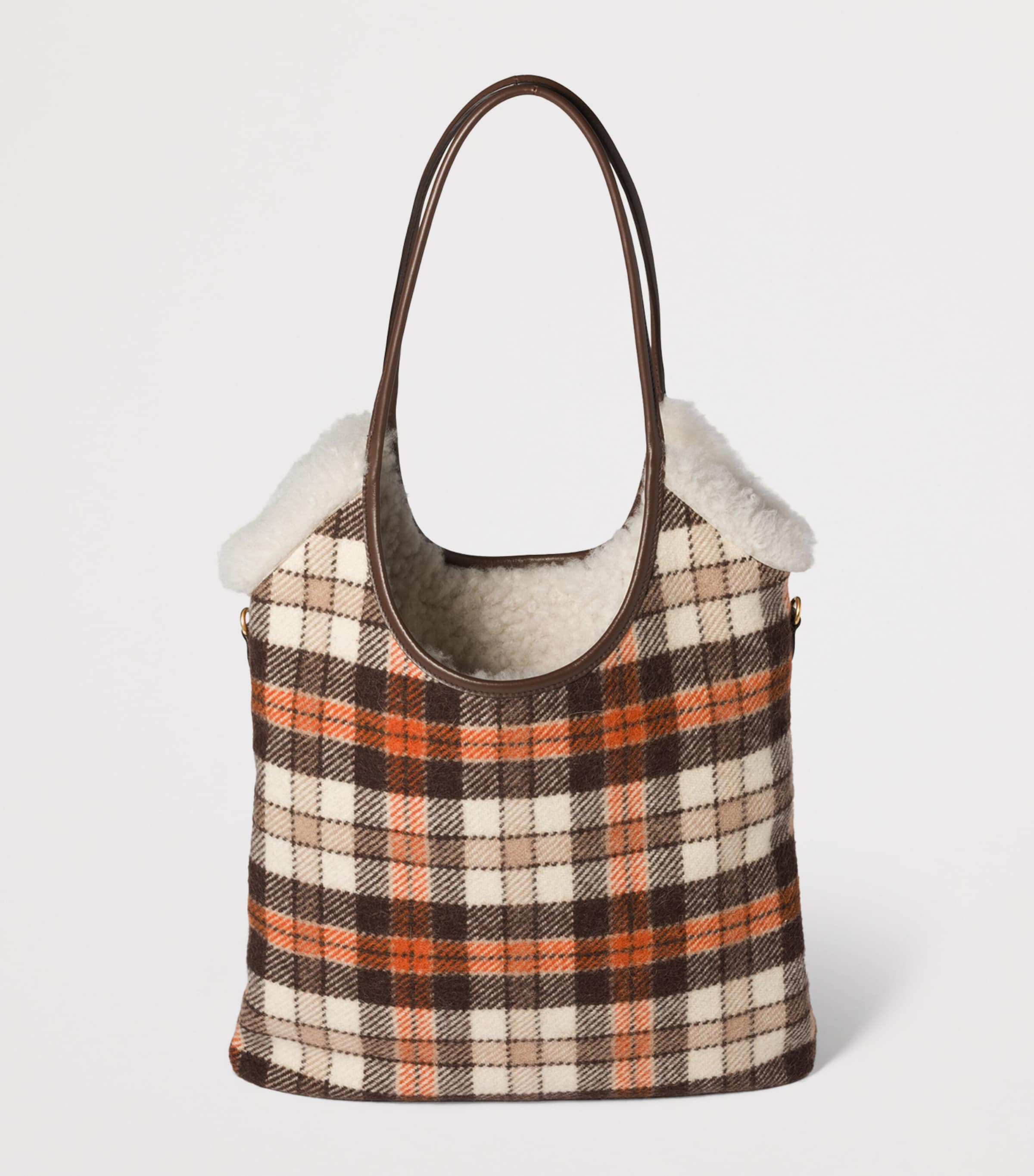 Shearling-Trim Plaid Ivy Tote Bag F0Z0F Image 4