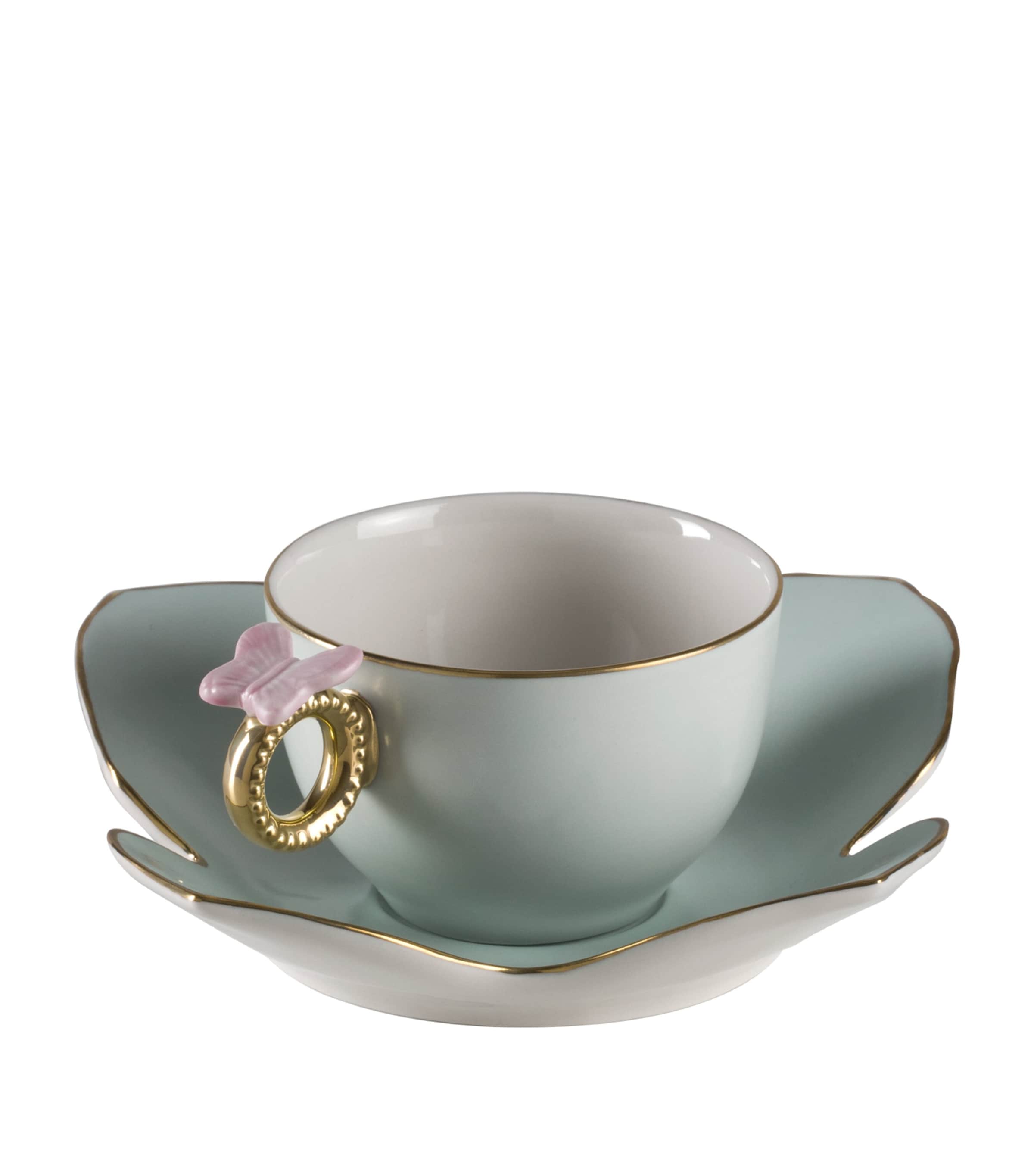 VILLARI Butterfly Teacup And Saucer Set Aquamarine Pink Gld Image 1