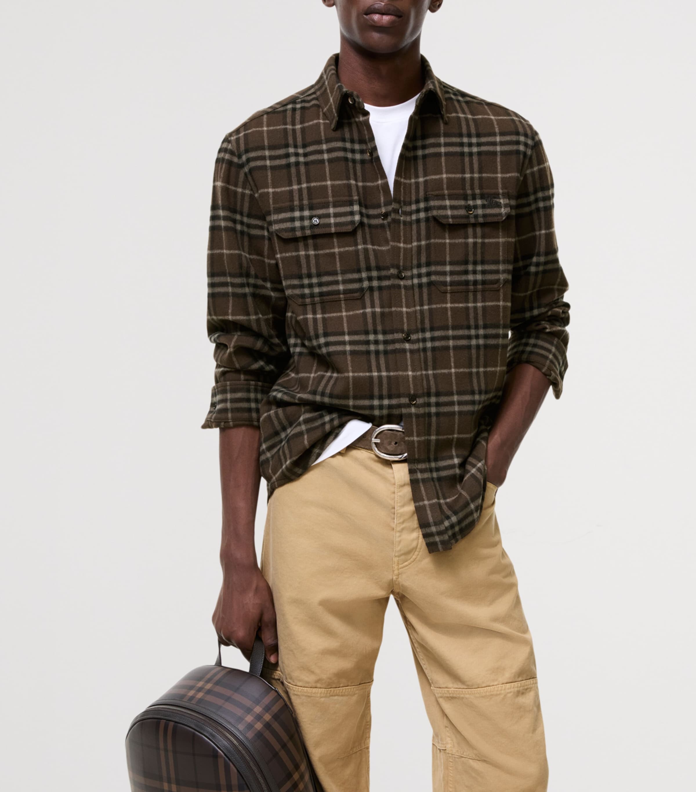 Burberry Mens Wool Check Flannel Shirt Sepia Brown Ip Check Image 2
