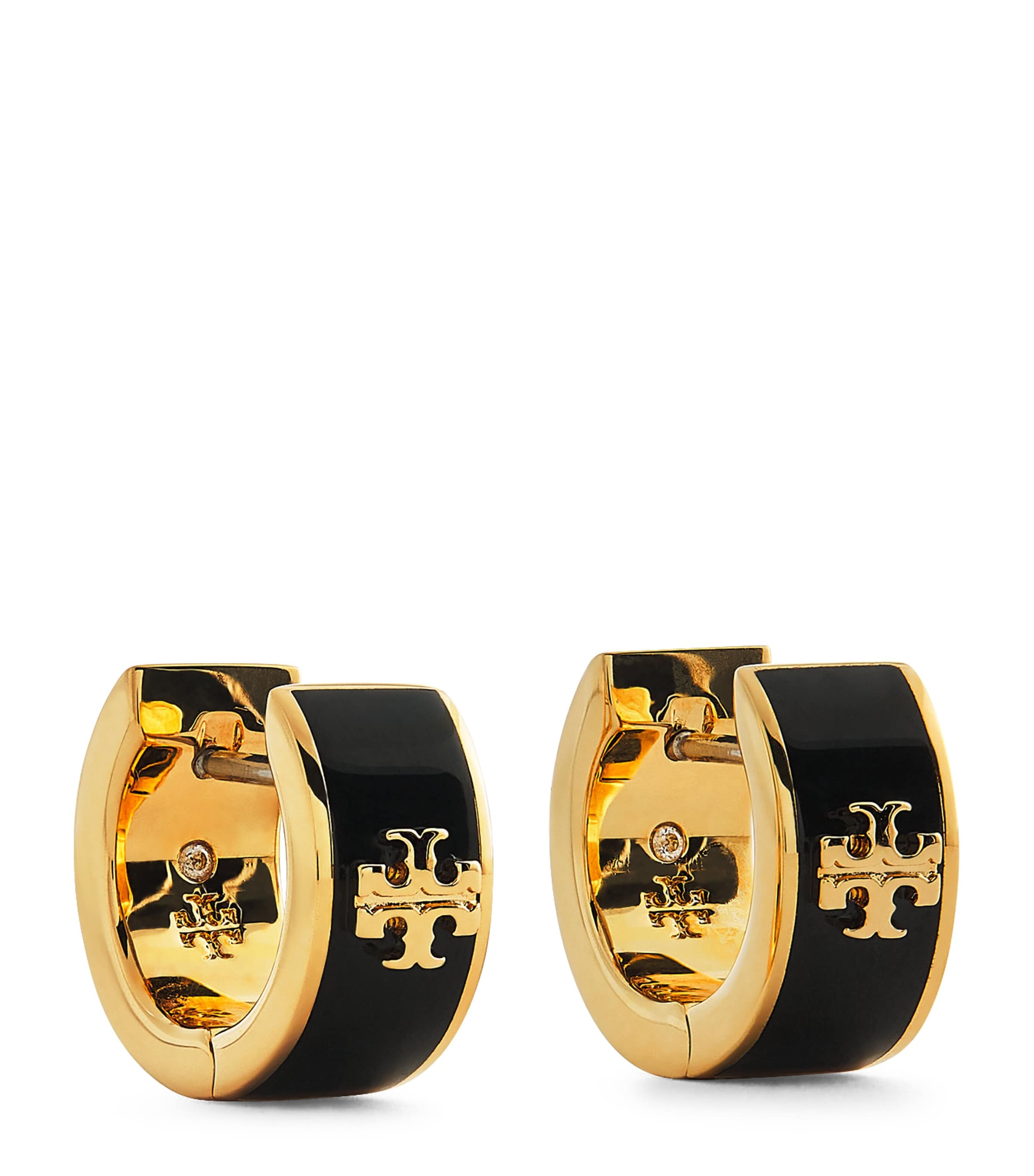 Tory Burch Gold-Plated Enamel Icon Huggie Earrings Tory Gold/ Black Image 1