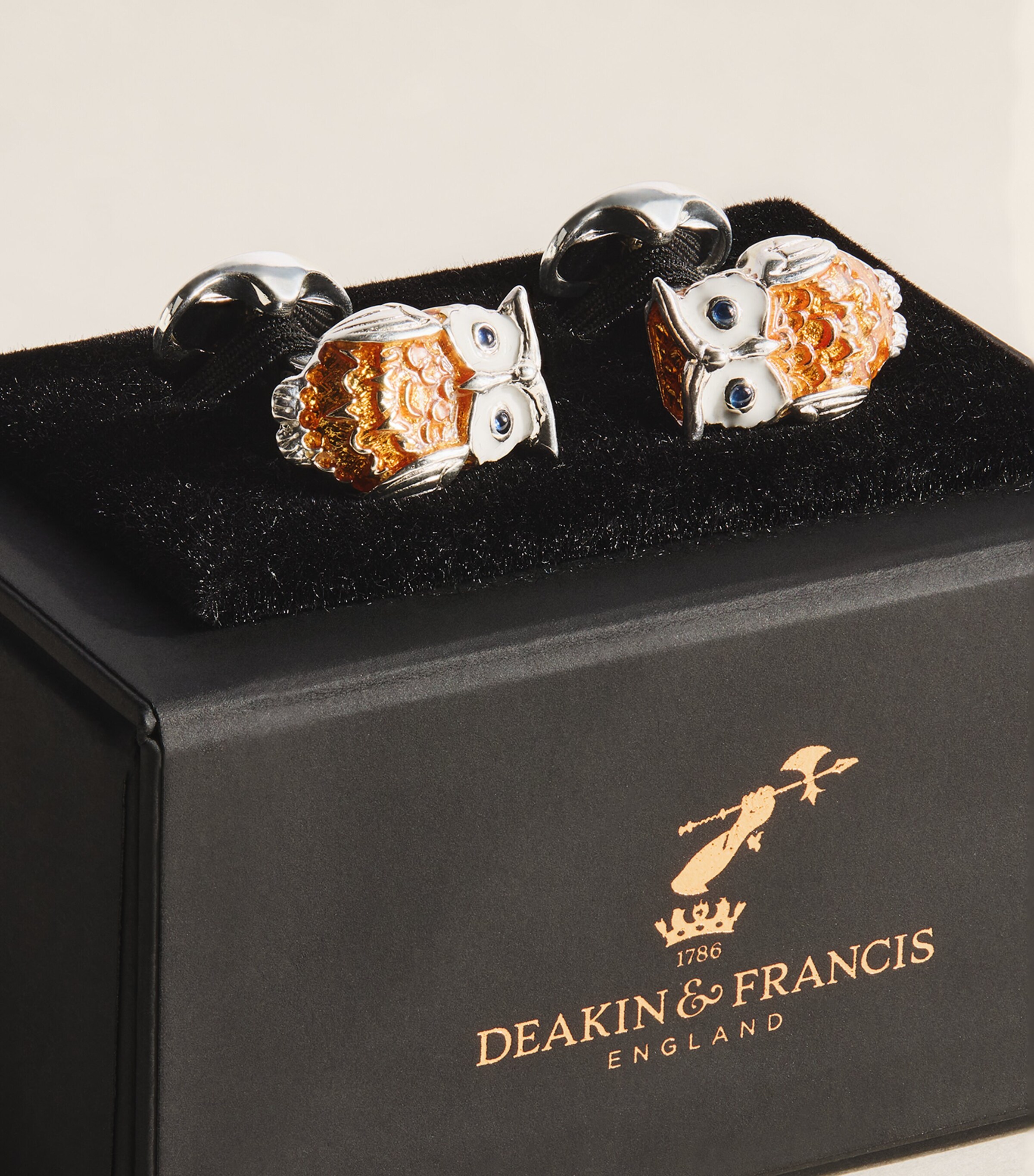 Deakin & Francis Sterling Silver and Sapphire Owl Cufflinks Brown Image 3