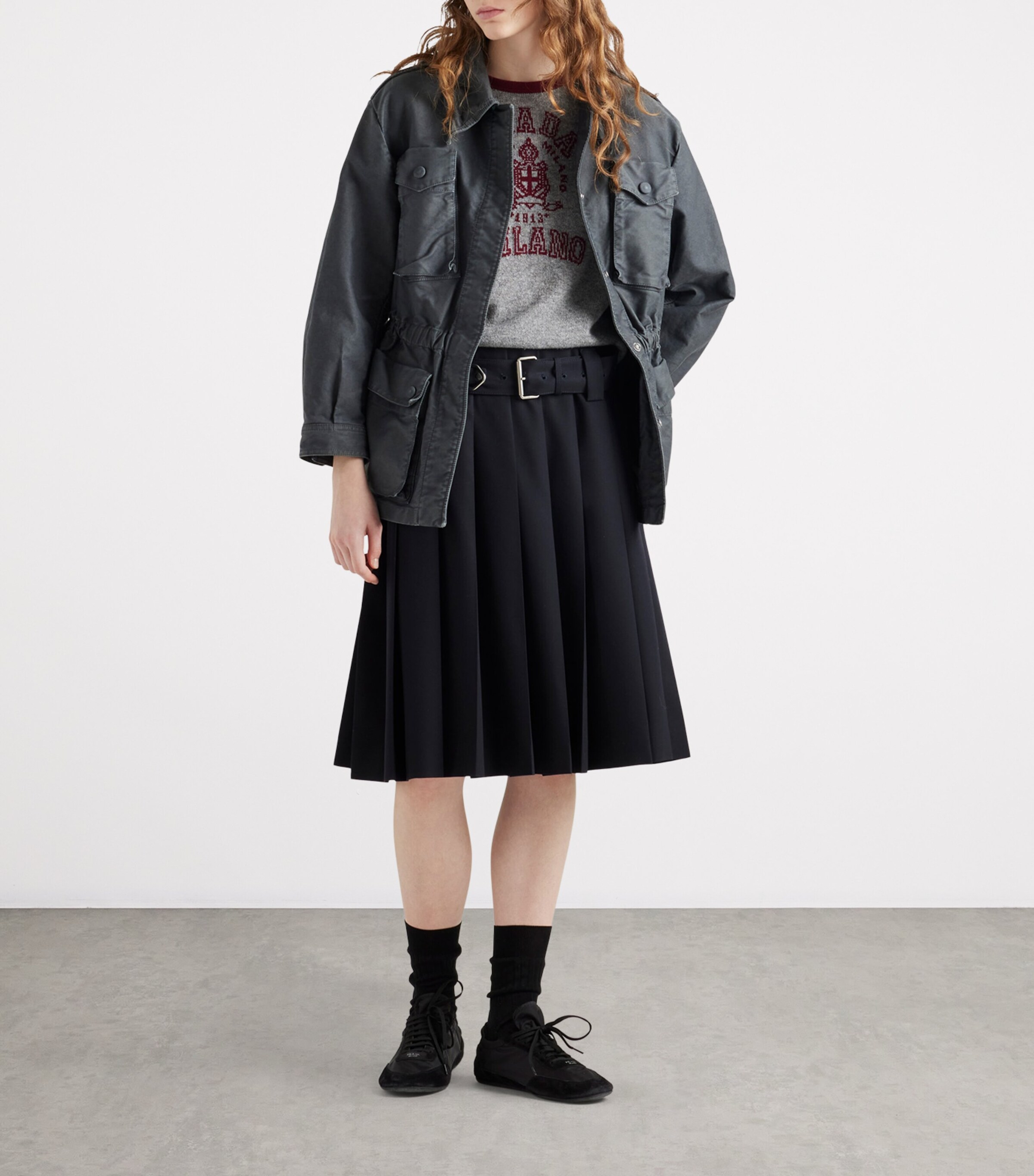 Prada Womens Wool Belted Midi Skirt Image 2