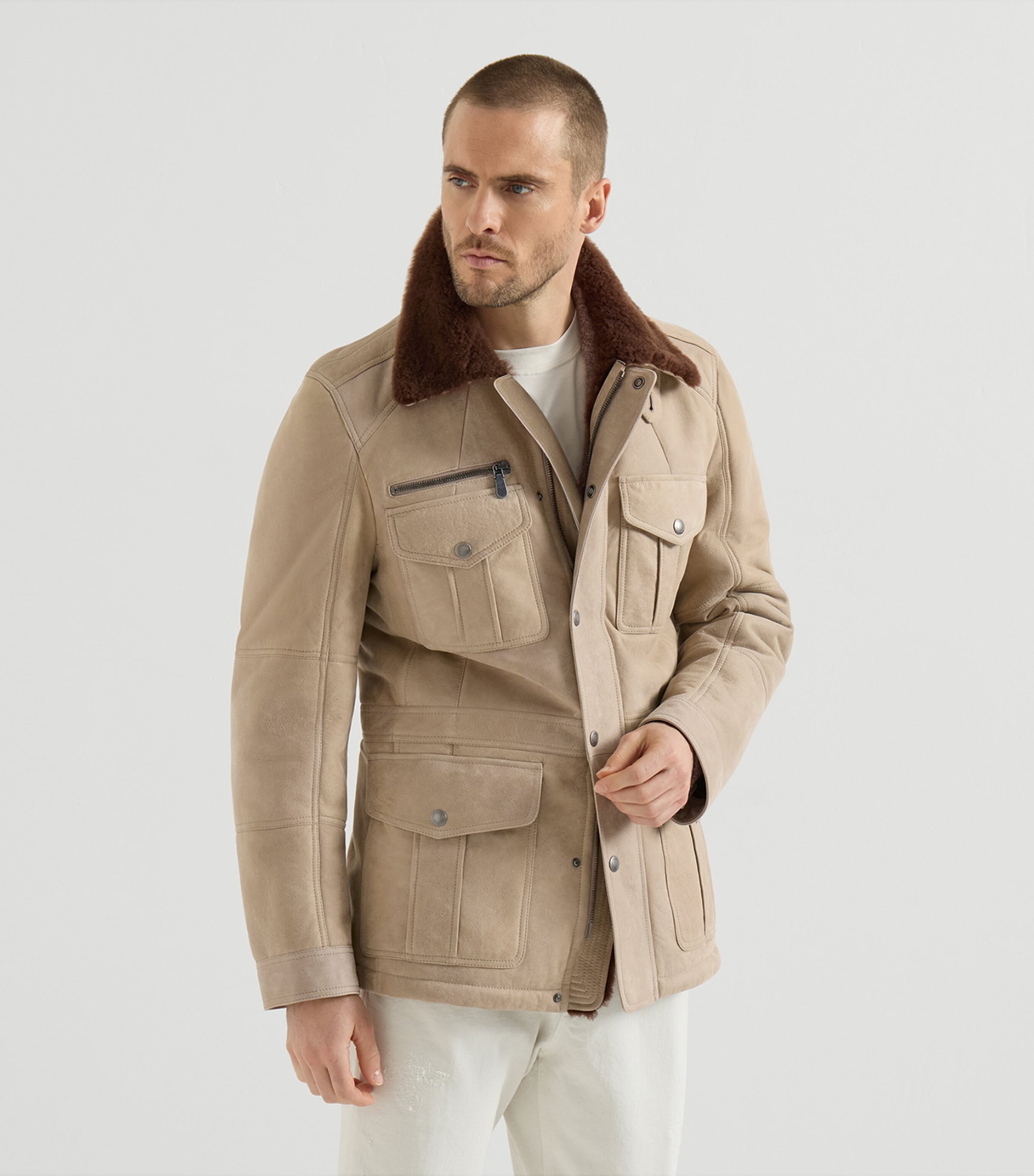 Brunello Cucinelli Mens Waxed Shearling Safari Jacket Image 4