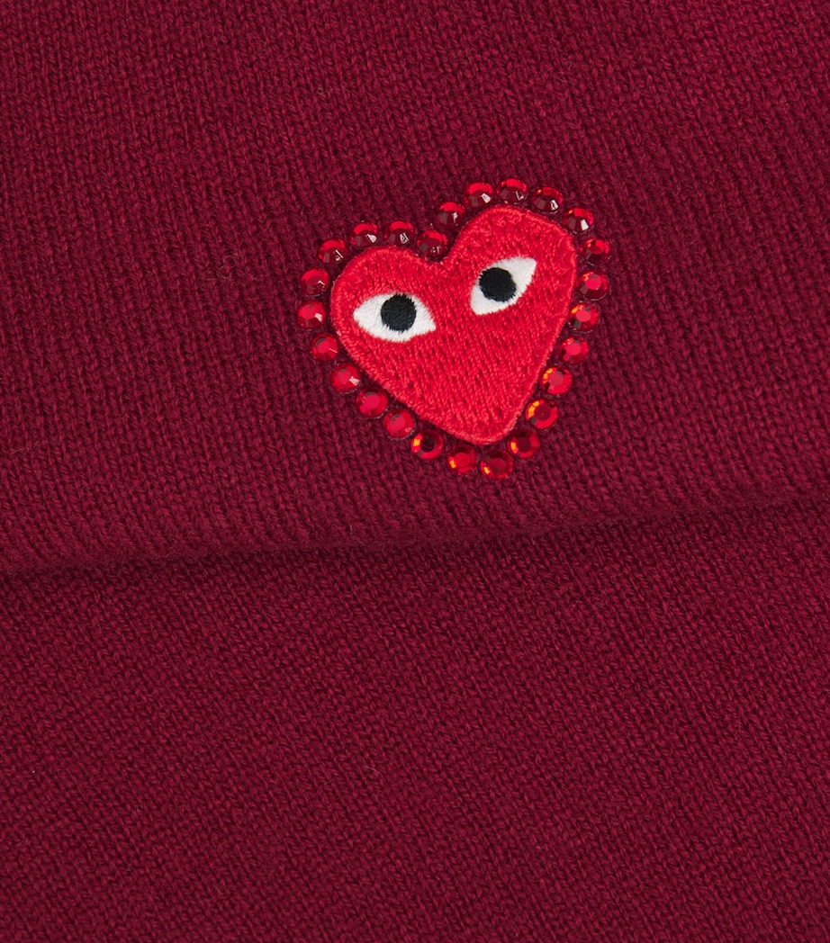 Comme Des Garçons Play Mens Wool Rhinestone Heart V-Neck Sweater Burgundy Image 6