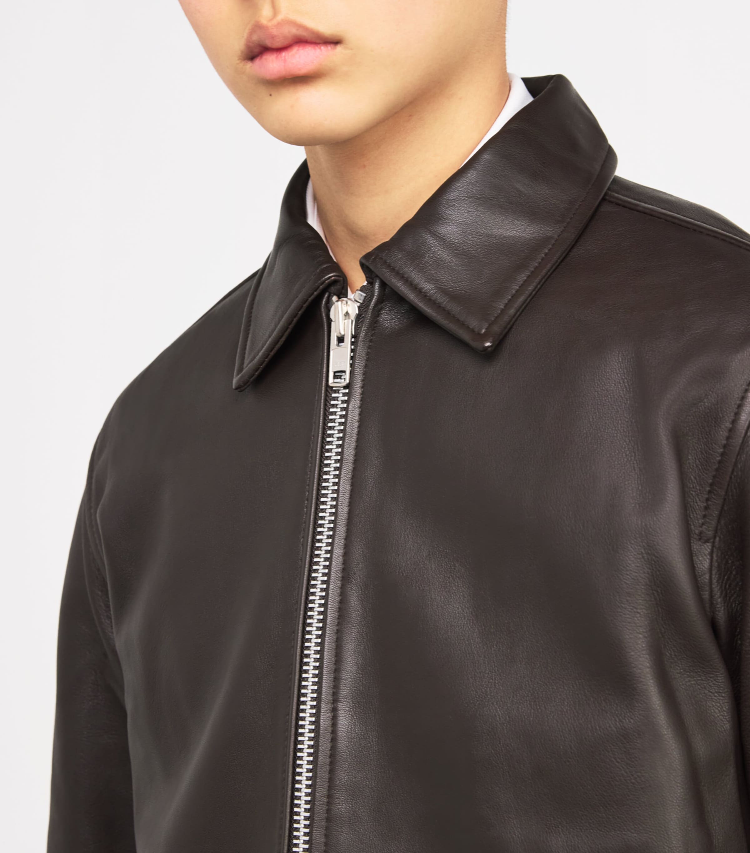 Zip-Up Leather Jacket BROWN Image 6