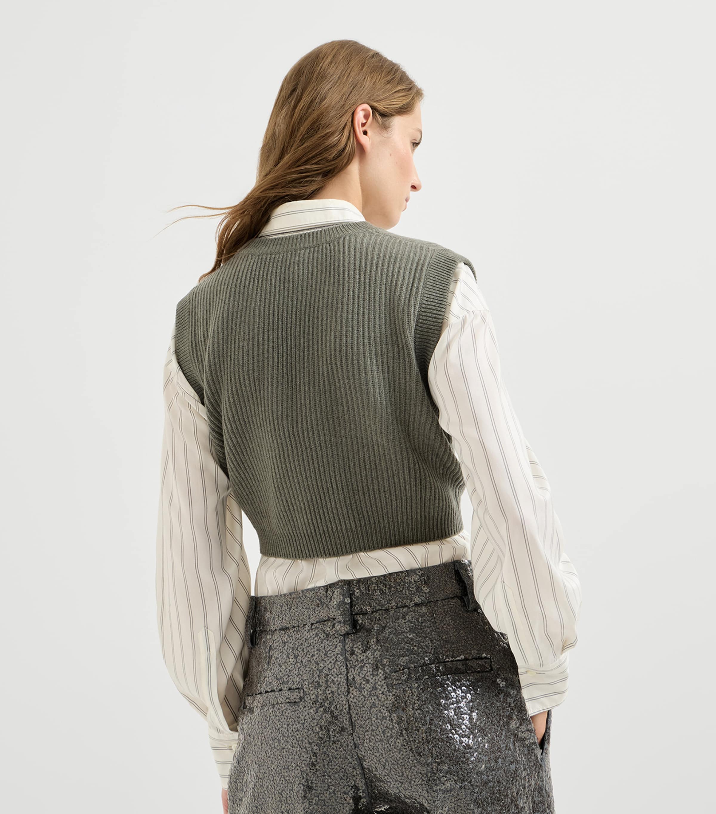 Brunello Cucinelli Womens Cashmere Rib-Knit Cropped Sweater Vest Dark Green Image 3