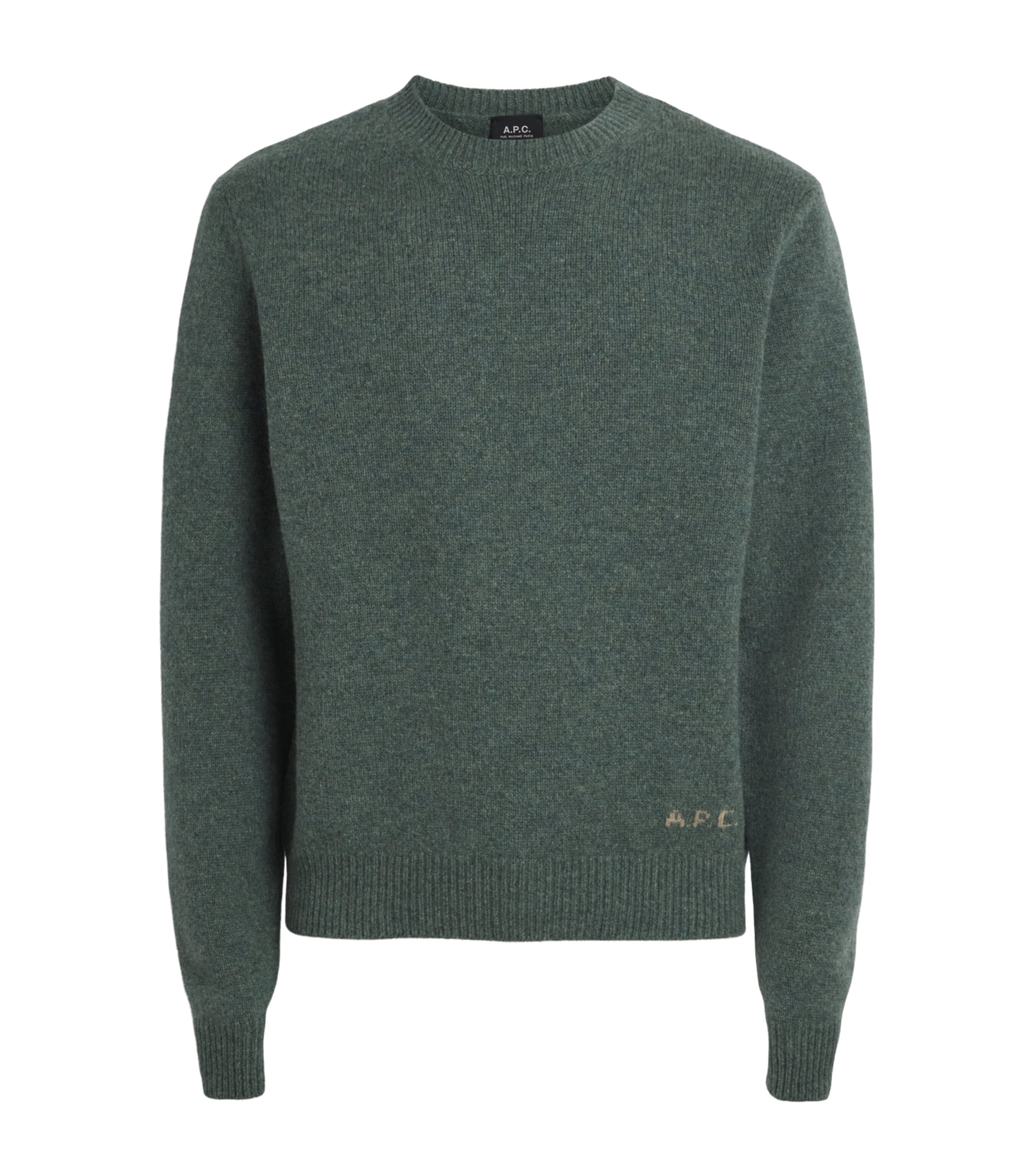 A.P.C. Mens Wool Logo Edmond Sweater Pka Heathered Green Image 1