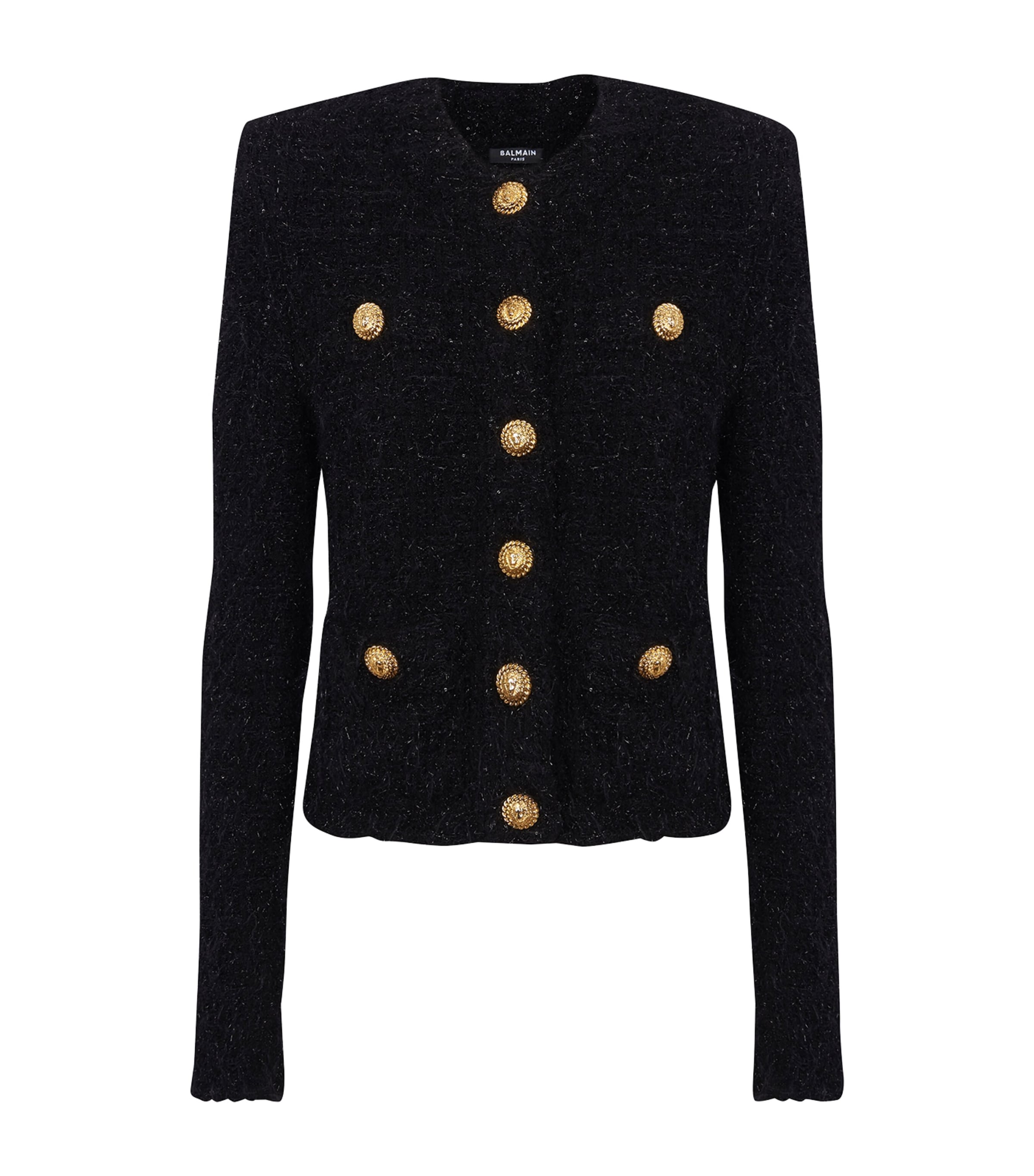 Balmain Collarless Four-pocket Tweed Jacket In Black