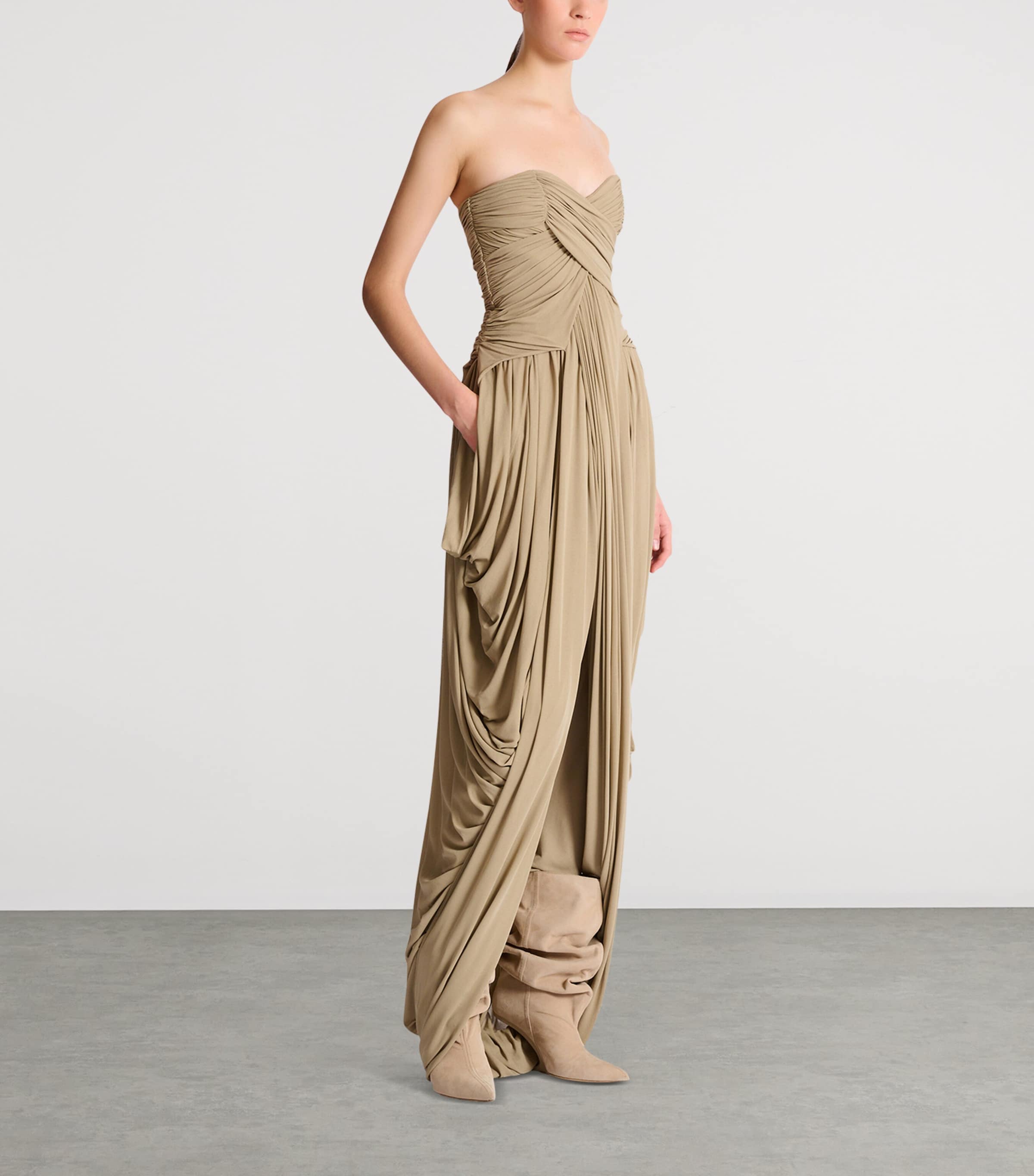 Balmain Womens Draped Strapless Jumpsuit Beige Foncé Image 4