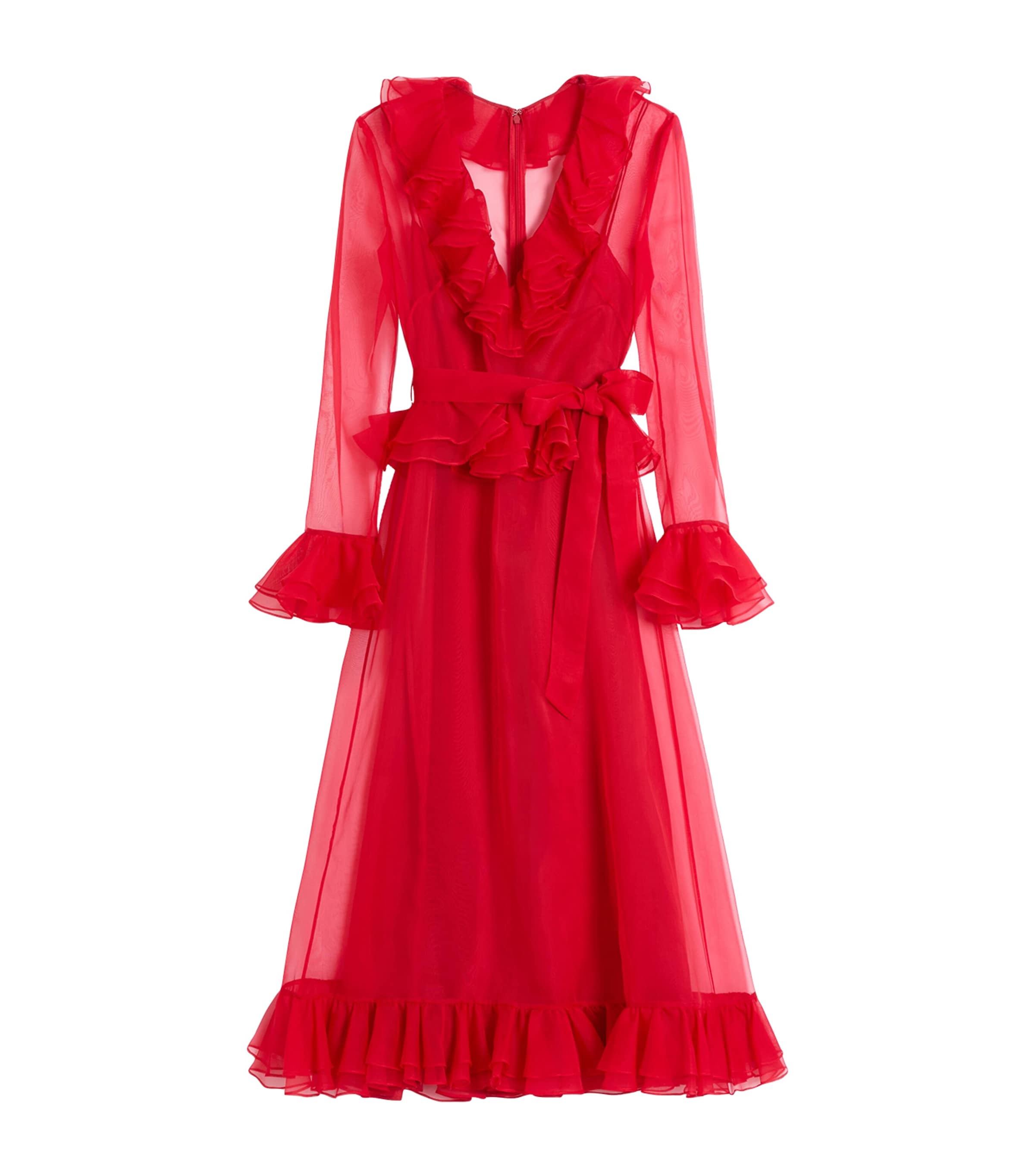 Valentino Womens Paris V-neck Ruffle-trim Silk Midi Dress In Red