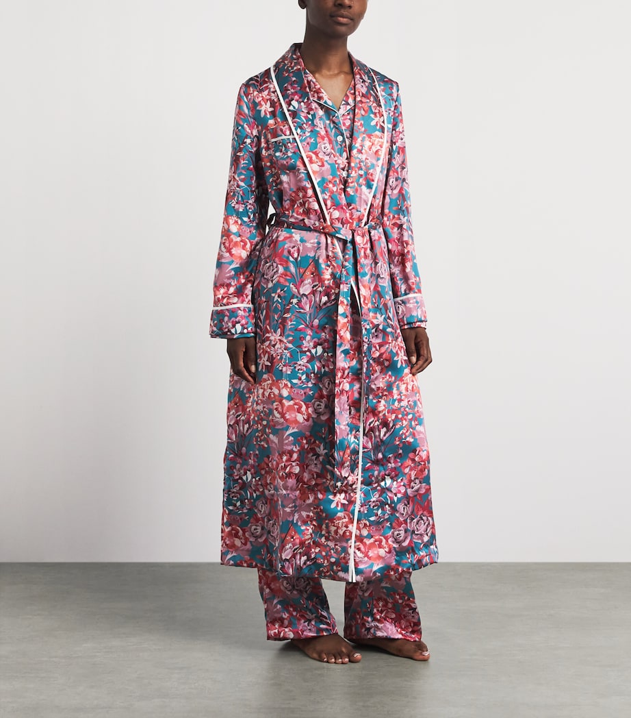 Derek Rose Womens Silk Floral Night Robe Teal Image 2