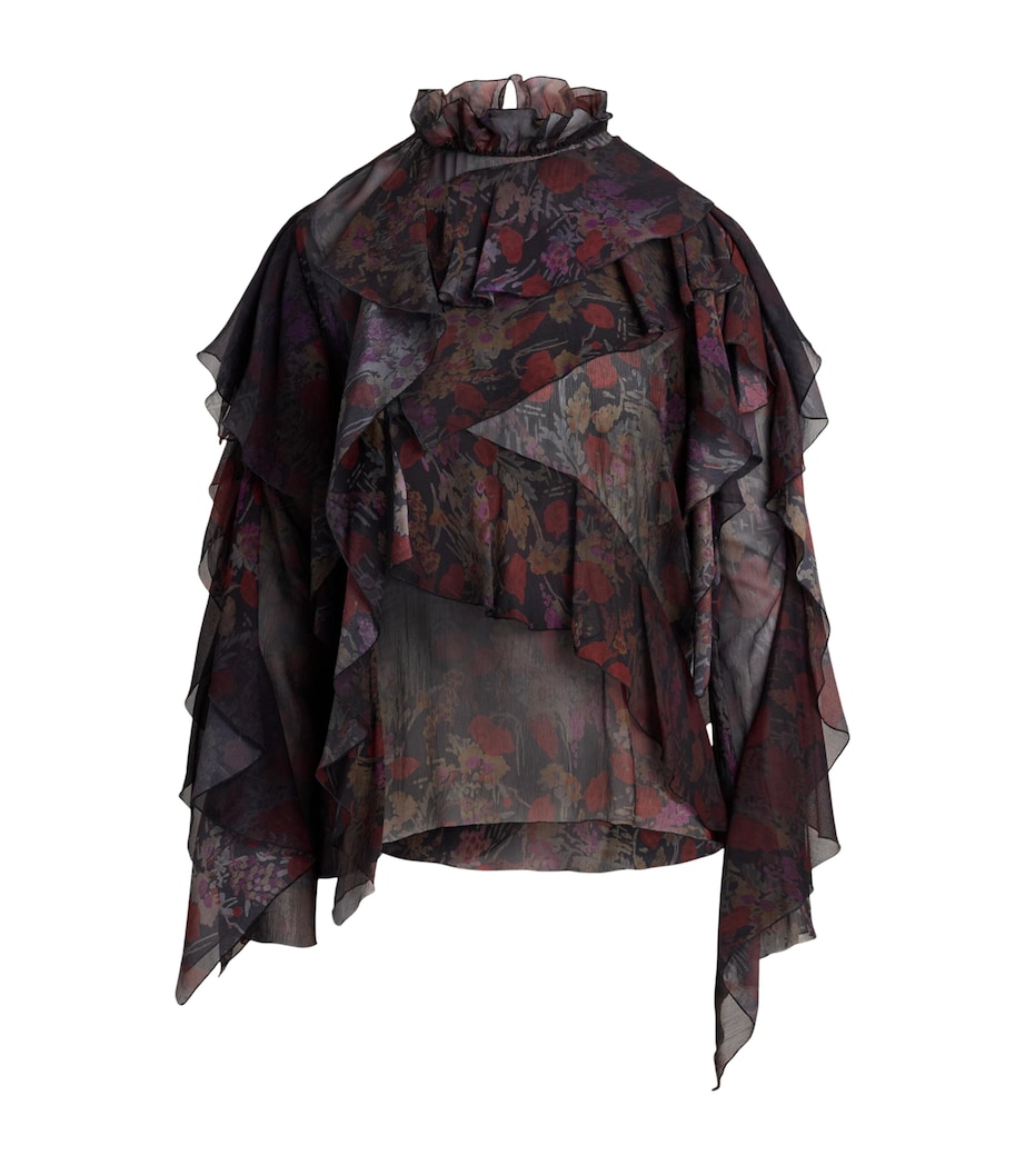 Silk Chiffon Ruffle-Trim Ilene Blouse BLACK/CRIMSON MULTI Image 1