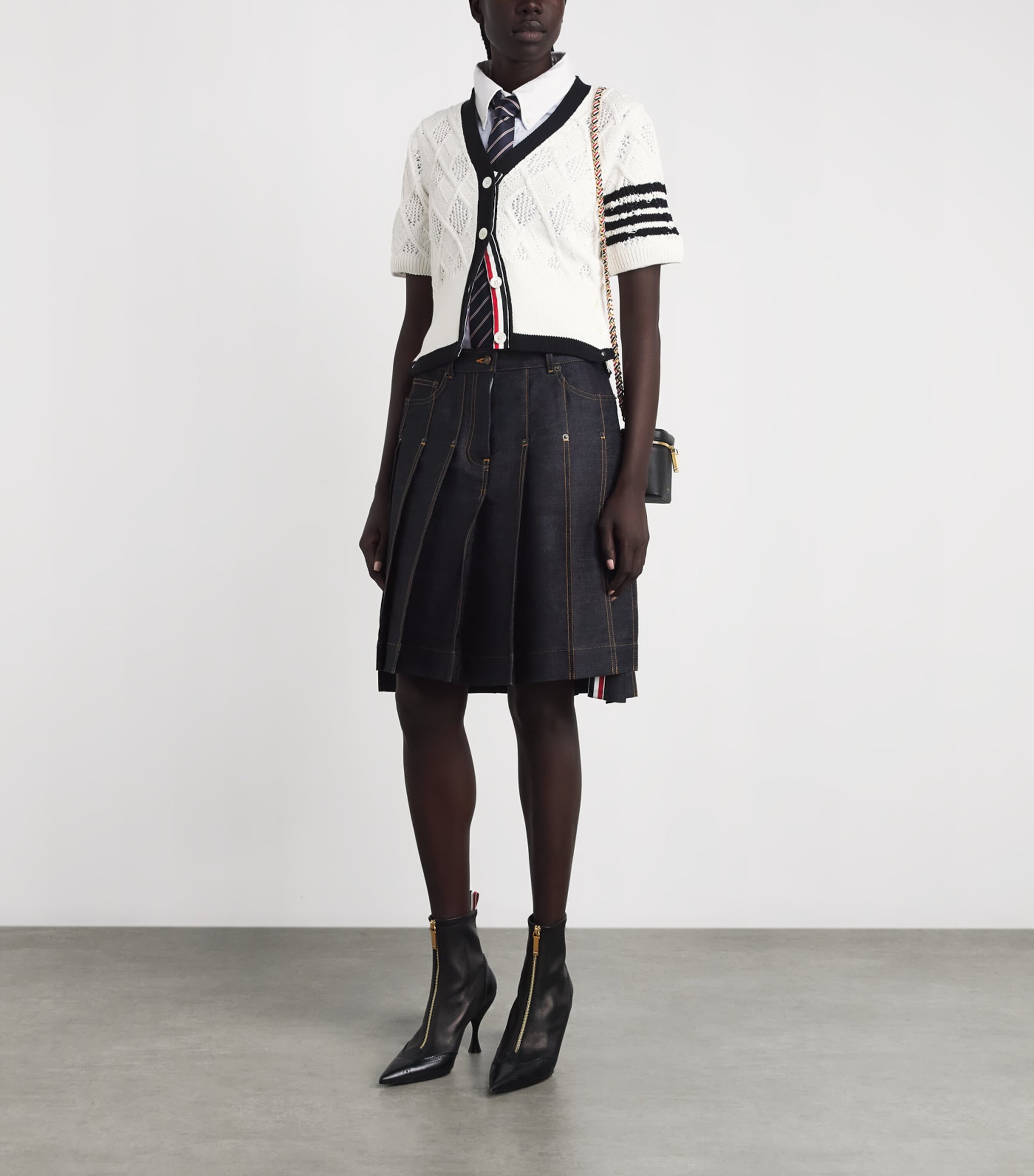 Thom Browne Womens Argyle Pointelle Knit Cardigan White Image 2