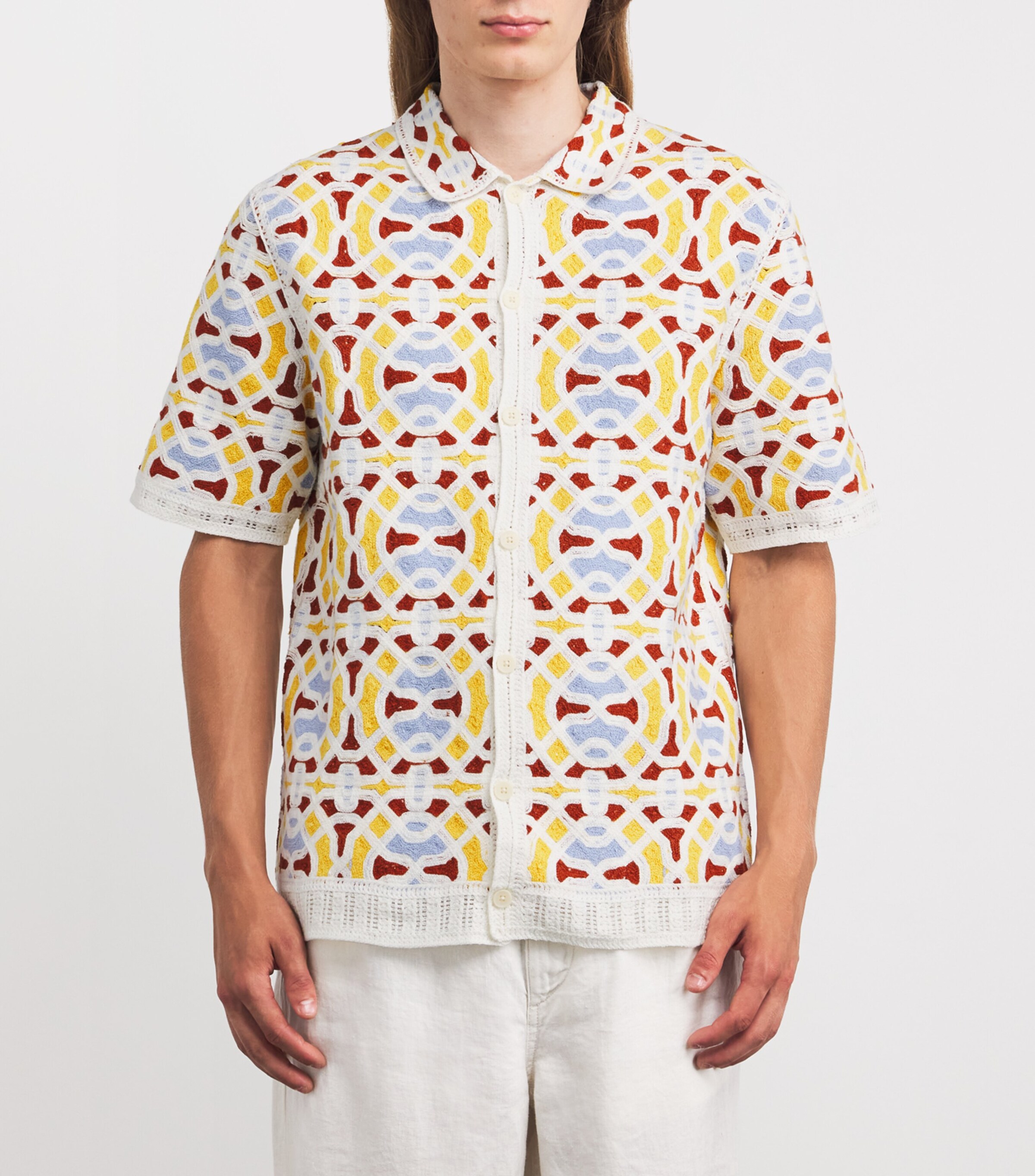 Wax London Mens Crochet Tile Dorset Shirt Ecru / Multi Image 3