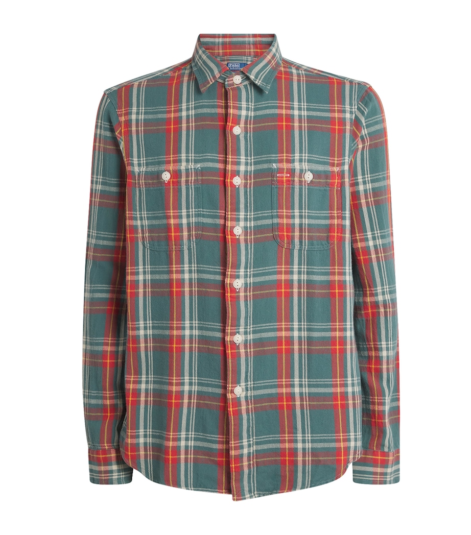 Cotton Flannel Check Overshirt GREEN RED Image 1