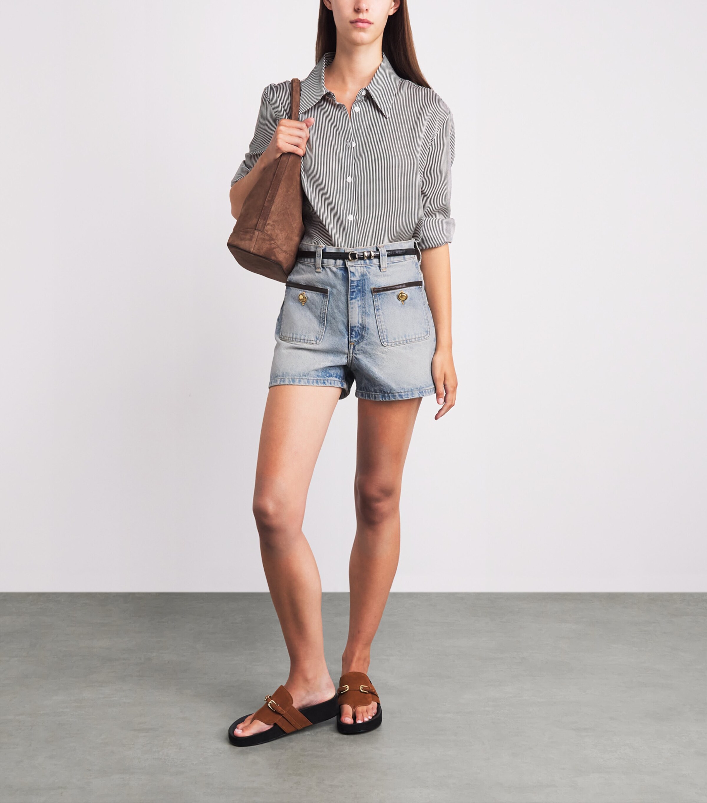 Sandro Paris Womens Leather-Trim Denim Shorts Blue Jean Image 2
