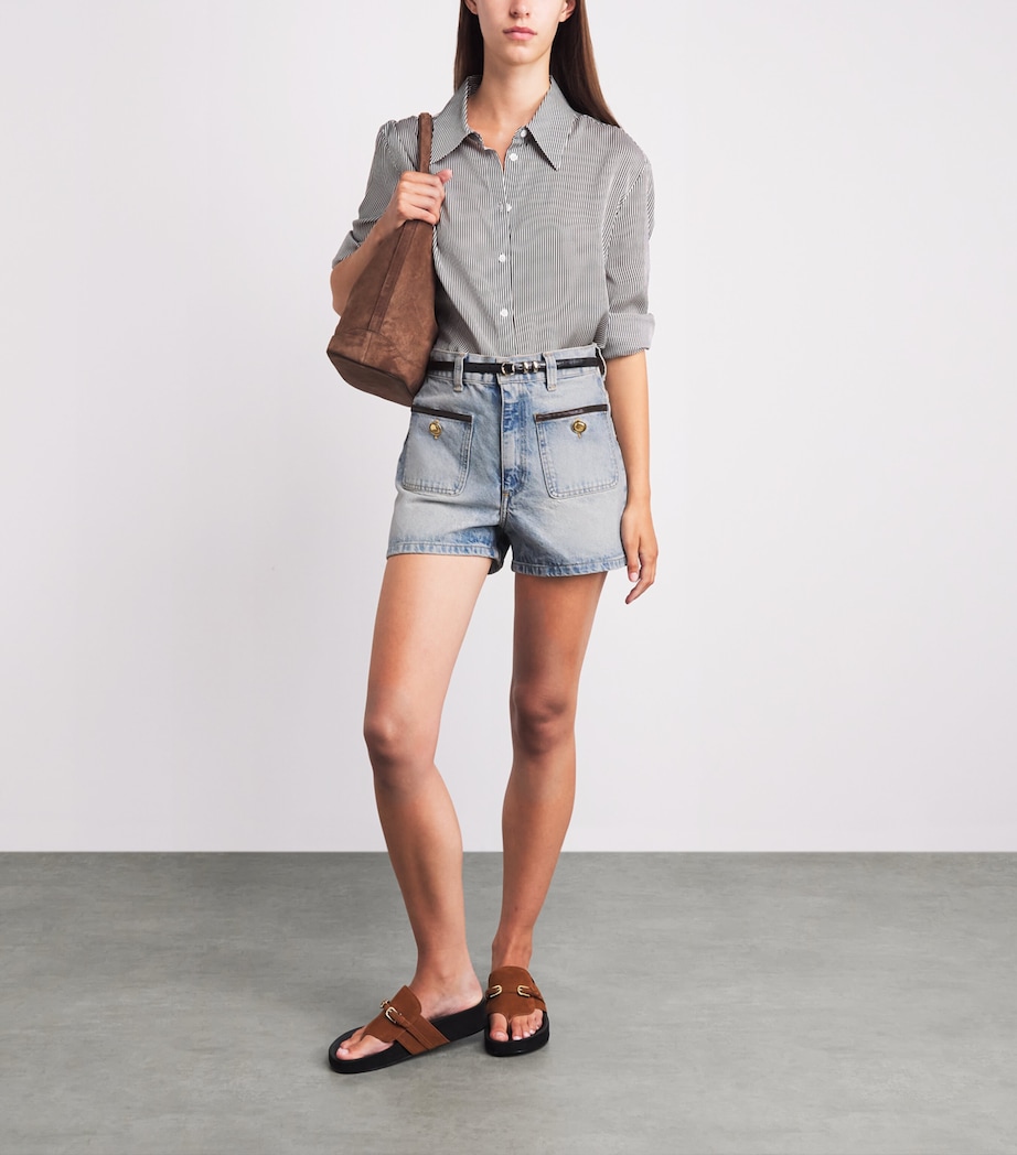Sandro Paris Womens Leather-Trim Denim Shorts Blue Jean Image 2