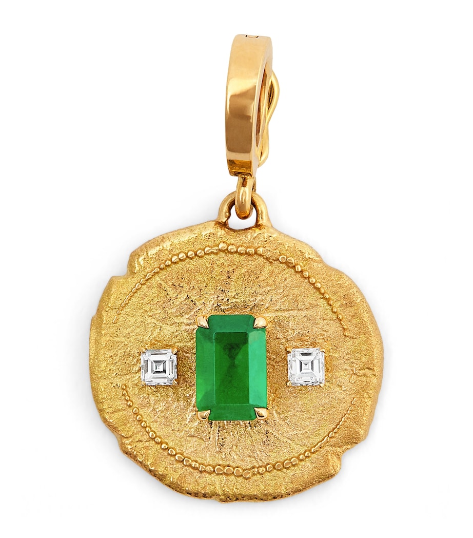 Small Yellow Gold, Diamond and Emerald Trio Coin Charm YELLOW GOLD Image 1