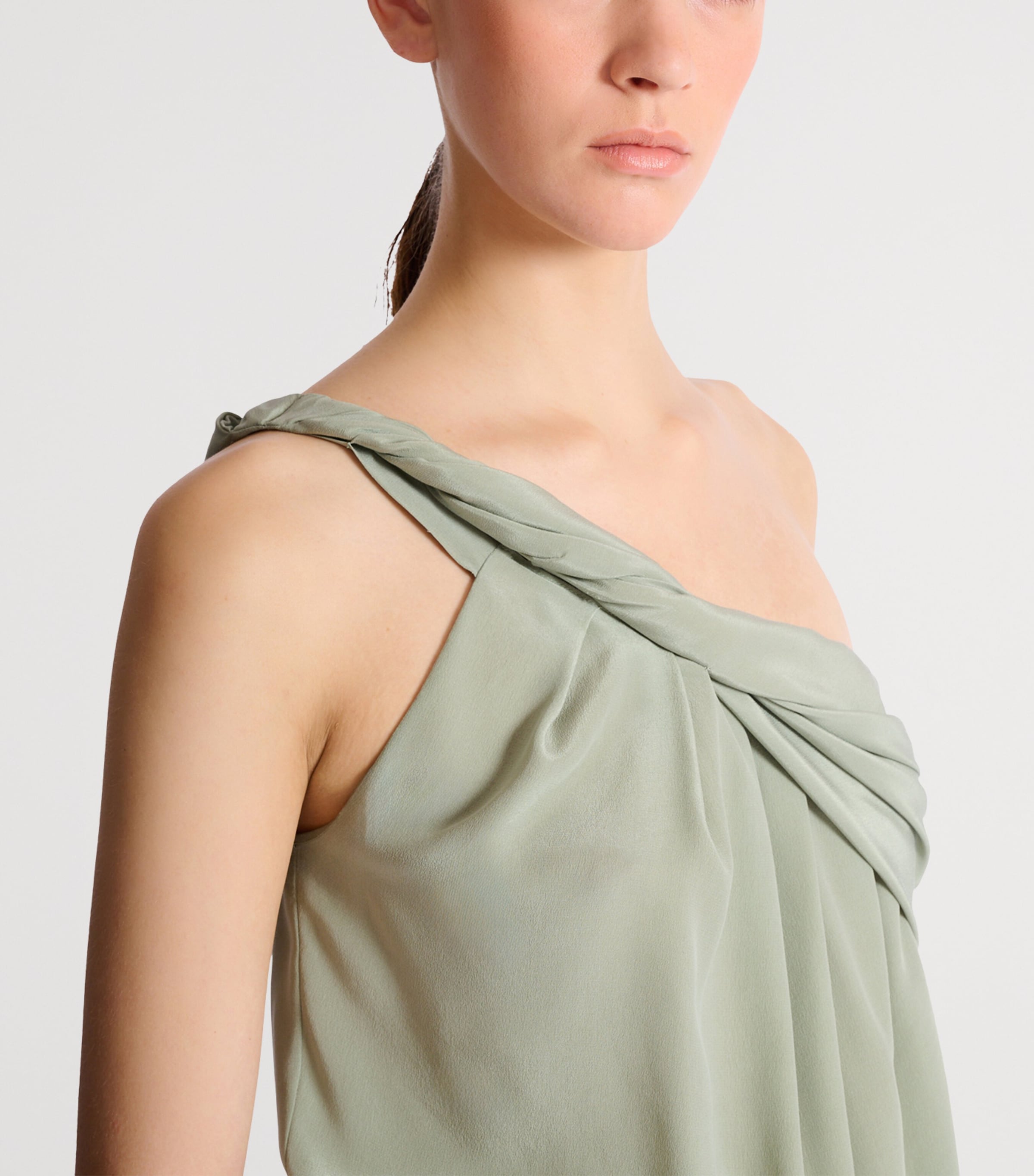 Balmain Womens Silk Crepe One-Shoulder Top Olive Image 5