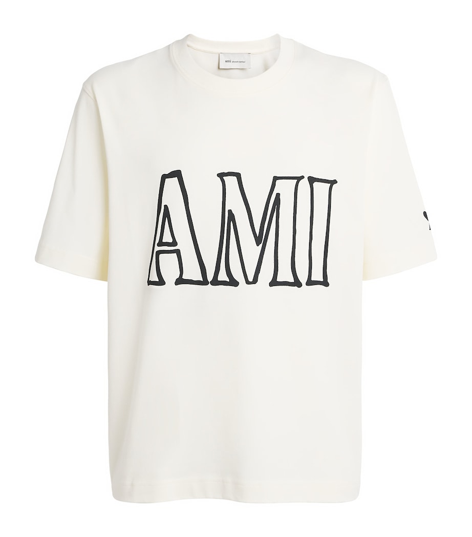AMI Paris Mens Cotton Logo Boxy T-Shirt Blanc Creme Image 1