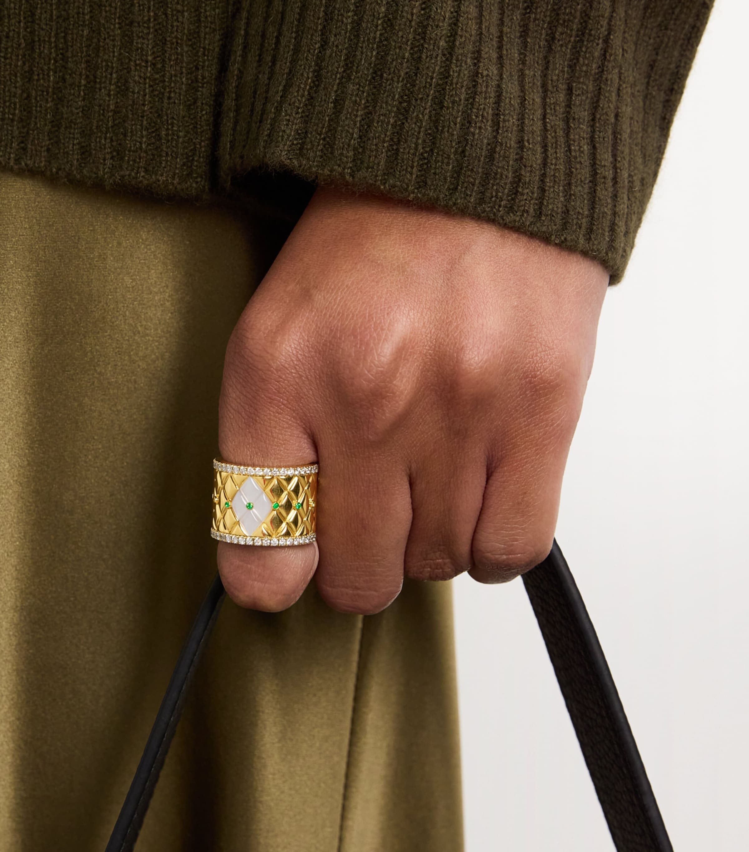 Large Yellow Gold, Diamond, Emerald and Pearl Bond Street Ring (Size 53) YELLOW GOLD Image 5