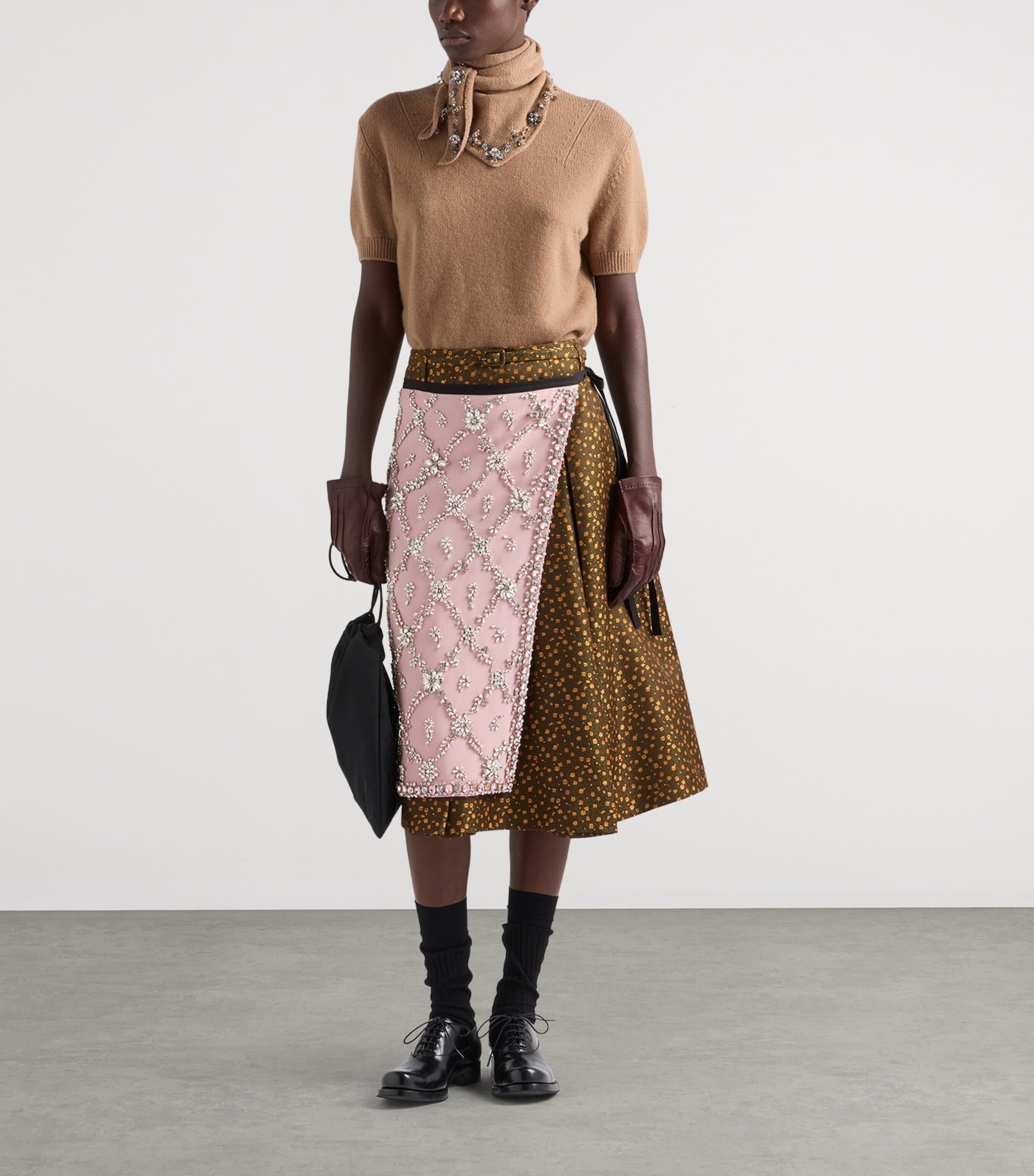 Prada Womens Floral Jacquard Pleated Midi Skirt Green Image 2