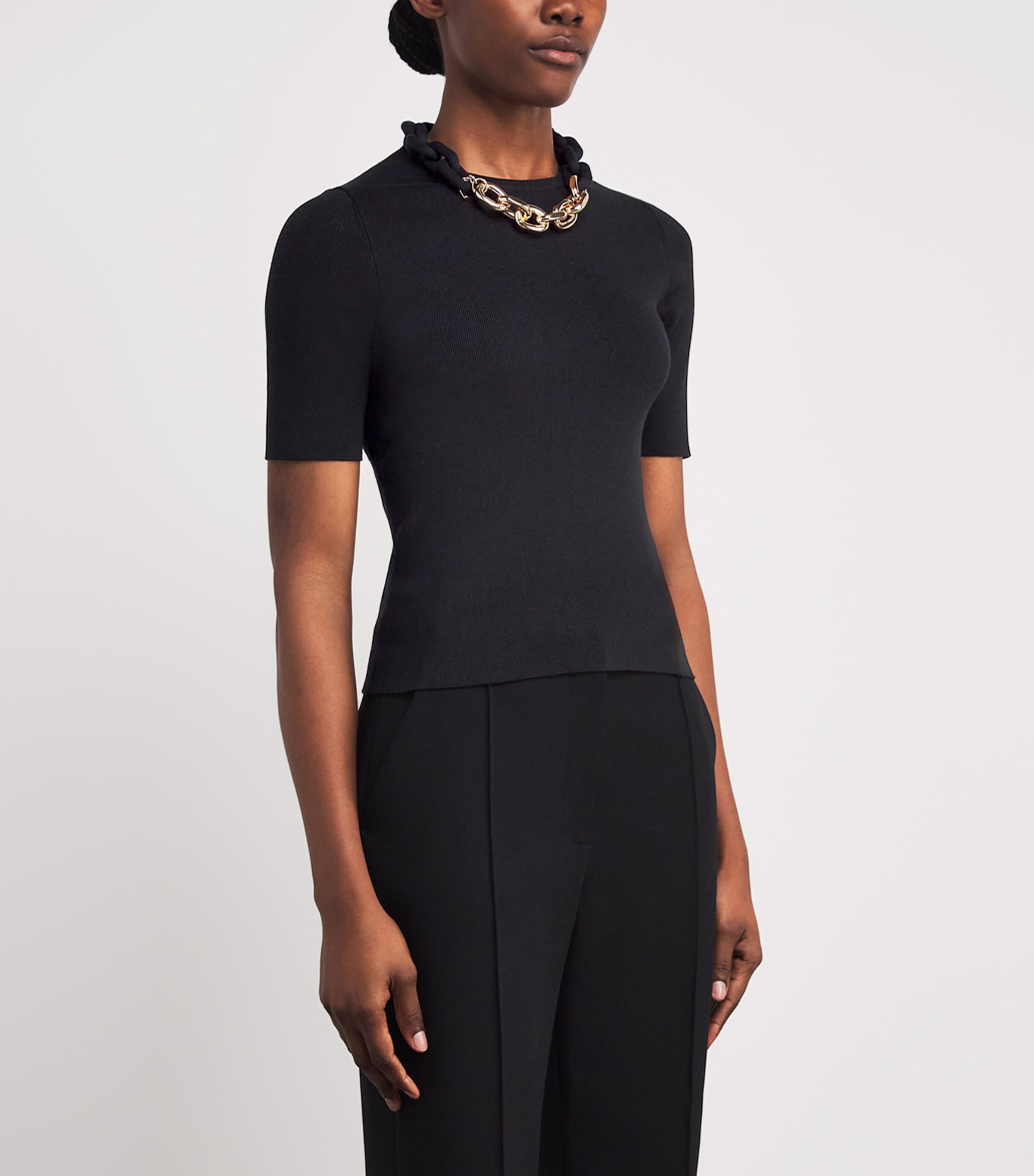 Knitted Chain-Detail T-Shirt P001 BLACK Image 3