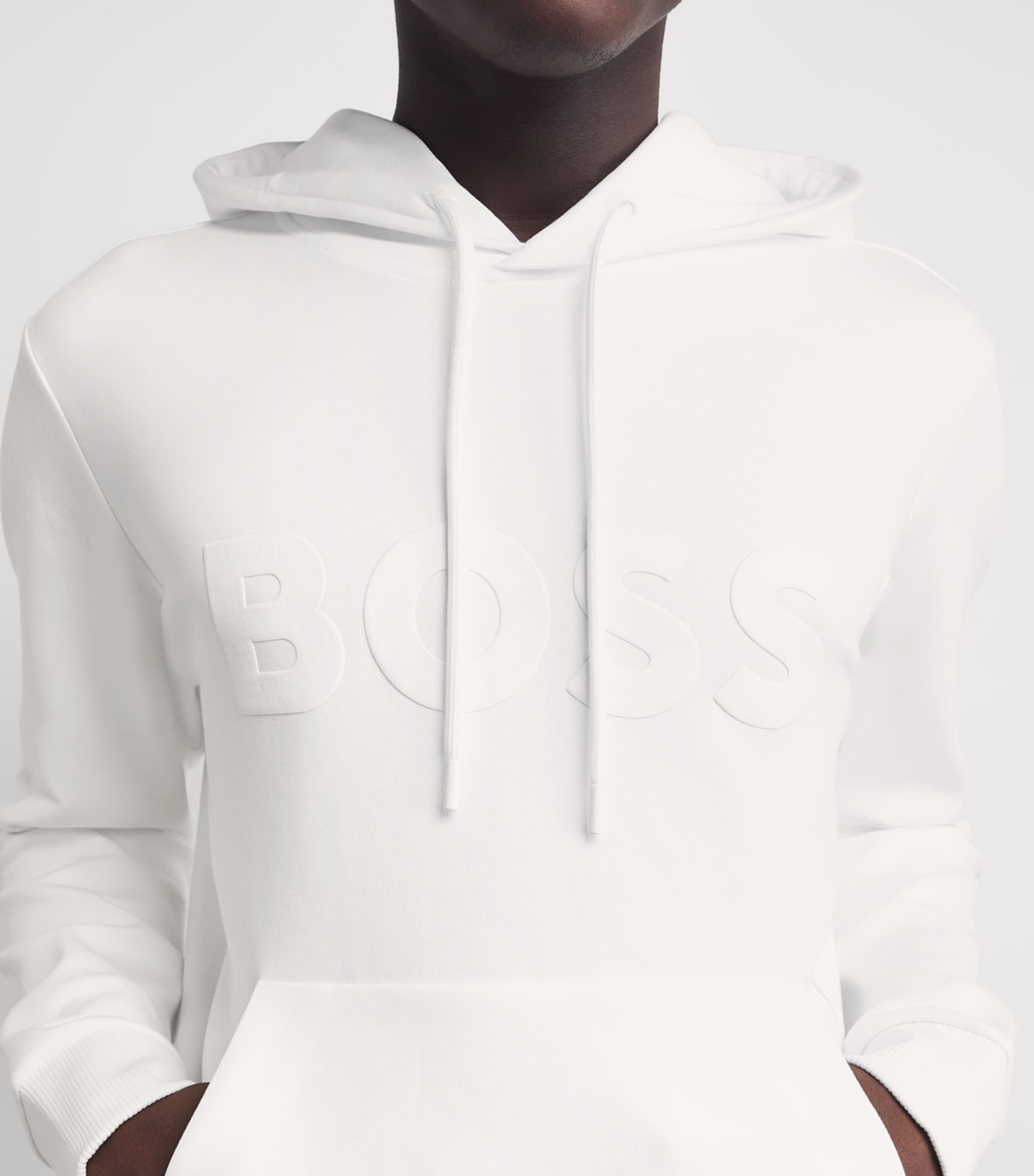 BOSS Mens Stretch-Cotton Logo Hoodie White Image 3