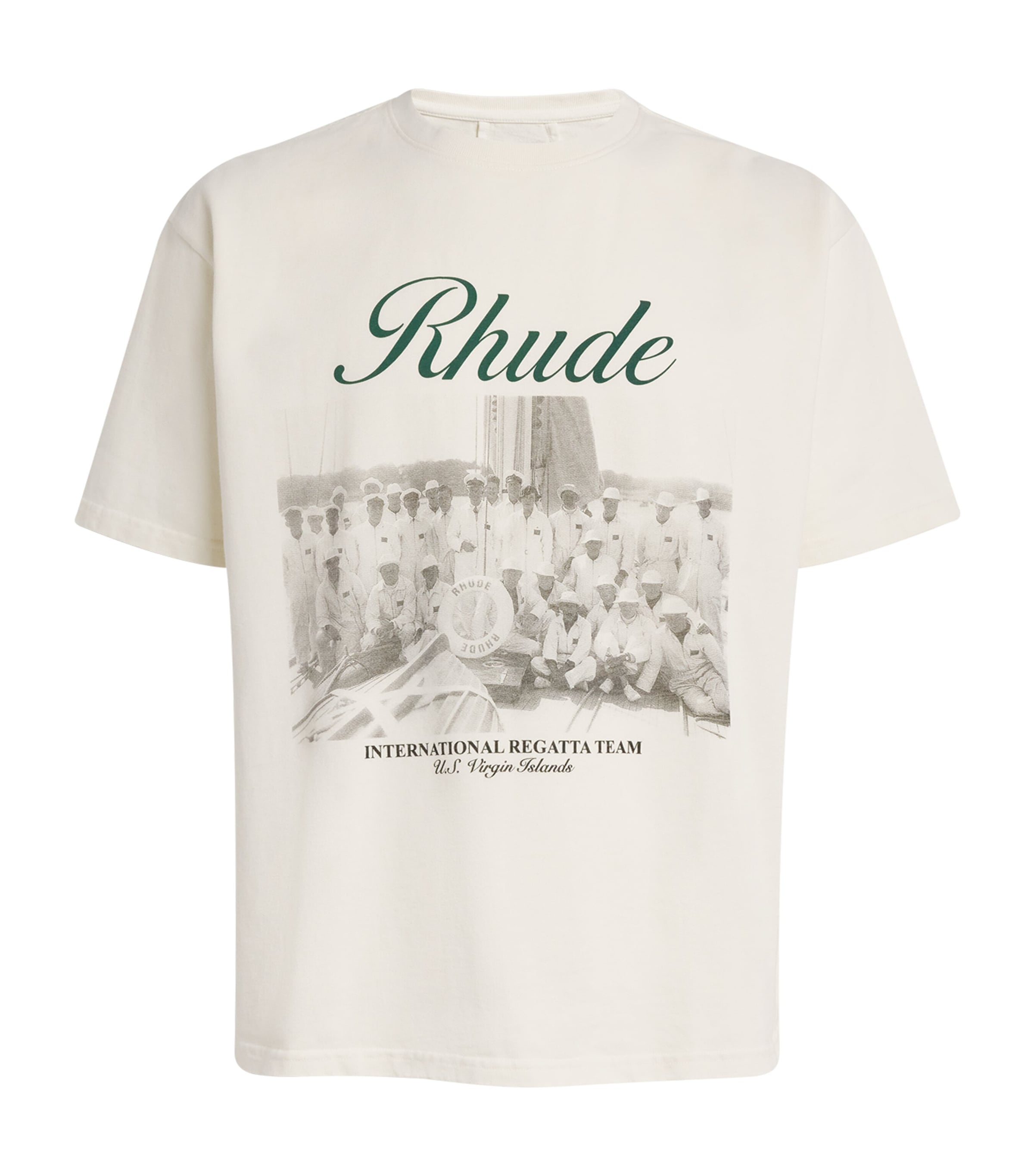 Rhude Mens Cotton Virgin Islands Script T-Shirt White/ Blk/ Grn Image 1