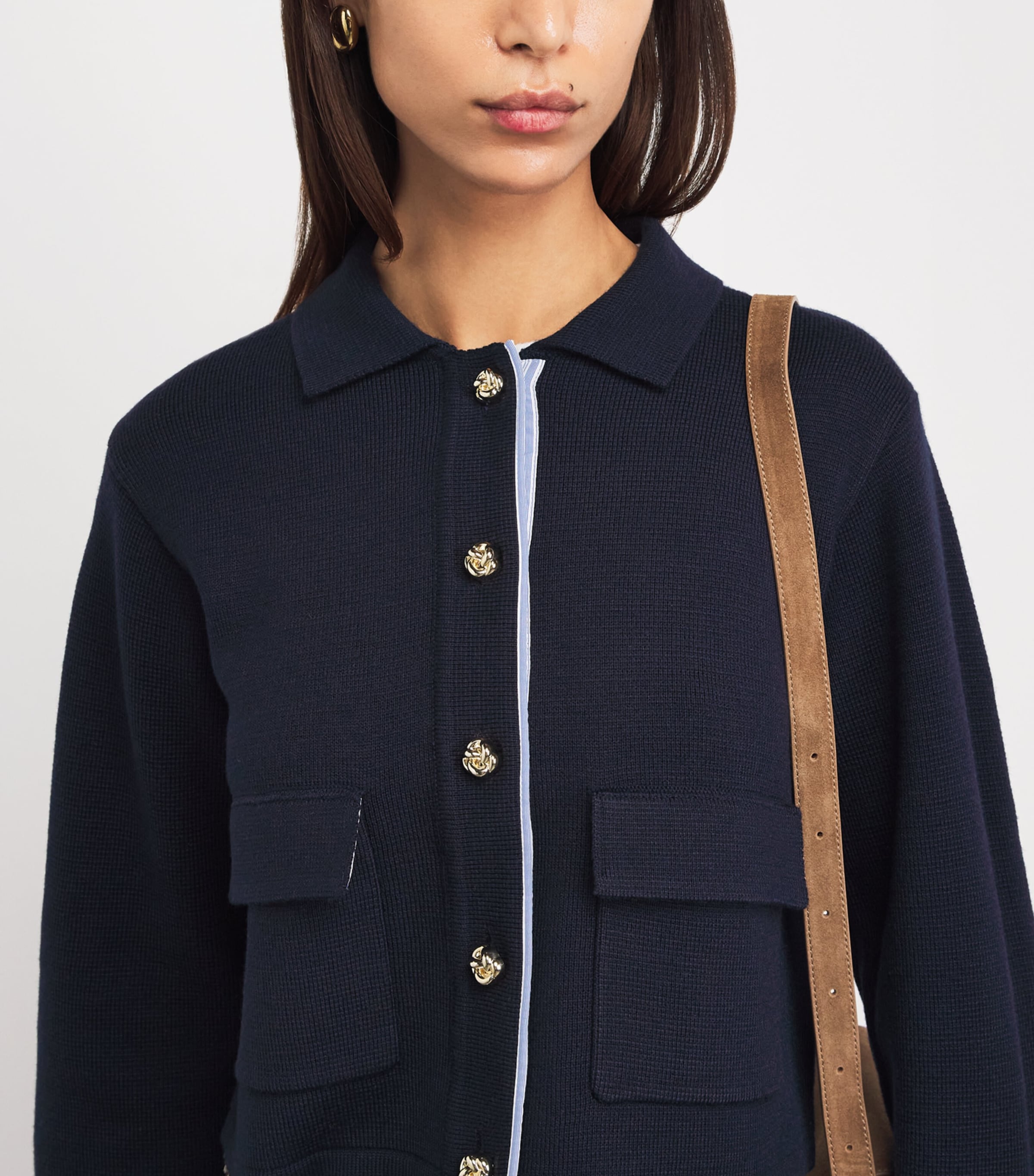 Sandro Paris Womens Wool-Blend Polo Cardigan Navy Blue Image 3