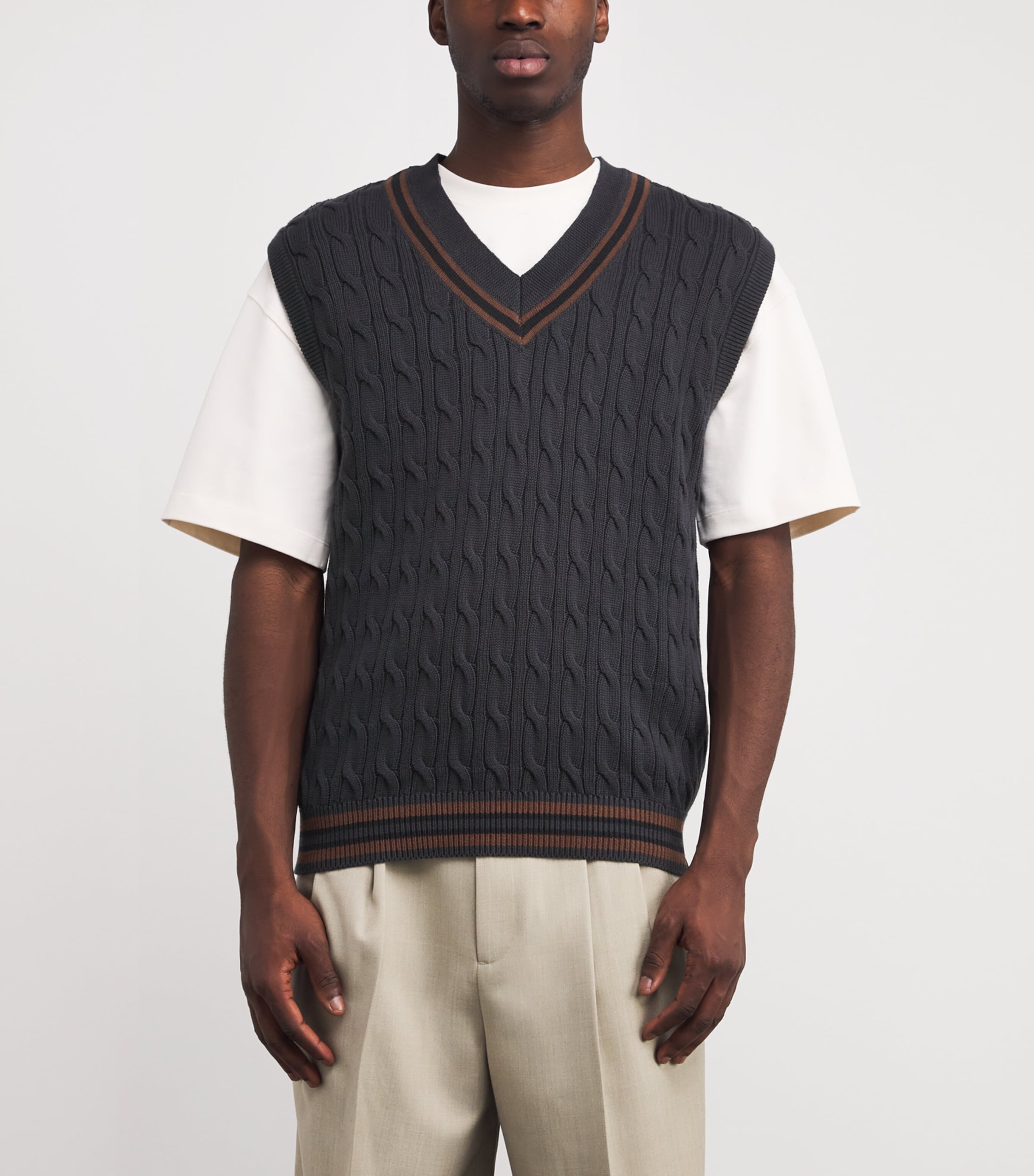 Cotton Cable-Knit Sweater Vest DKGRY Image 3
