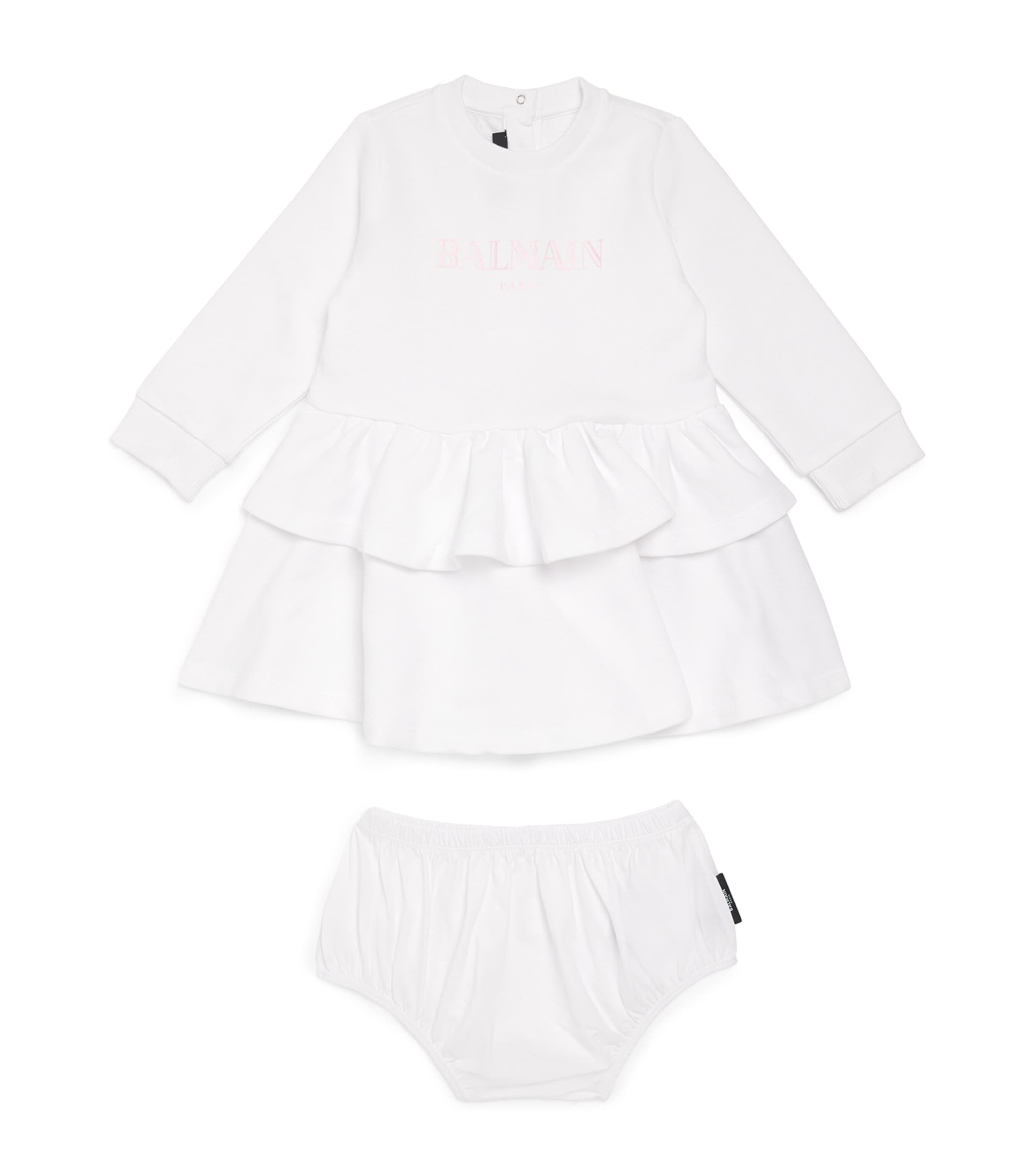 BALMAIN COTTON RUFFLED LOGO DRESS AND BLOOMERS SET 