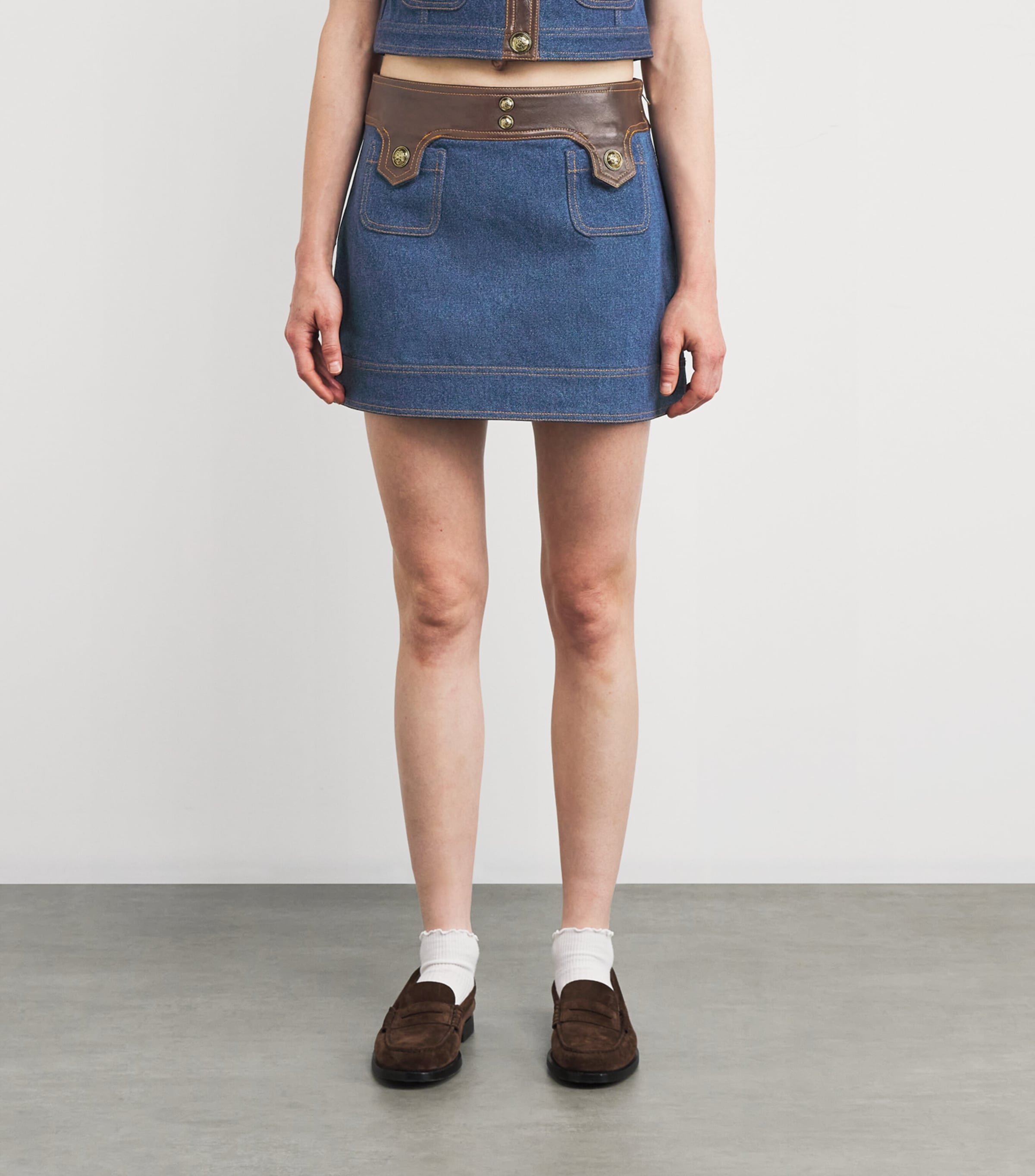 Denim Contrast-Trim Skirt DARK BLUE Image 3