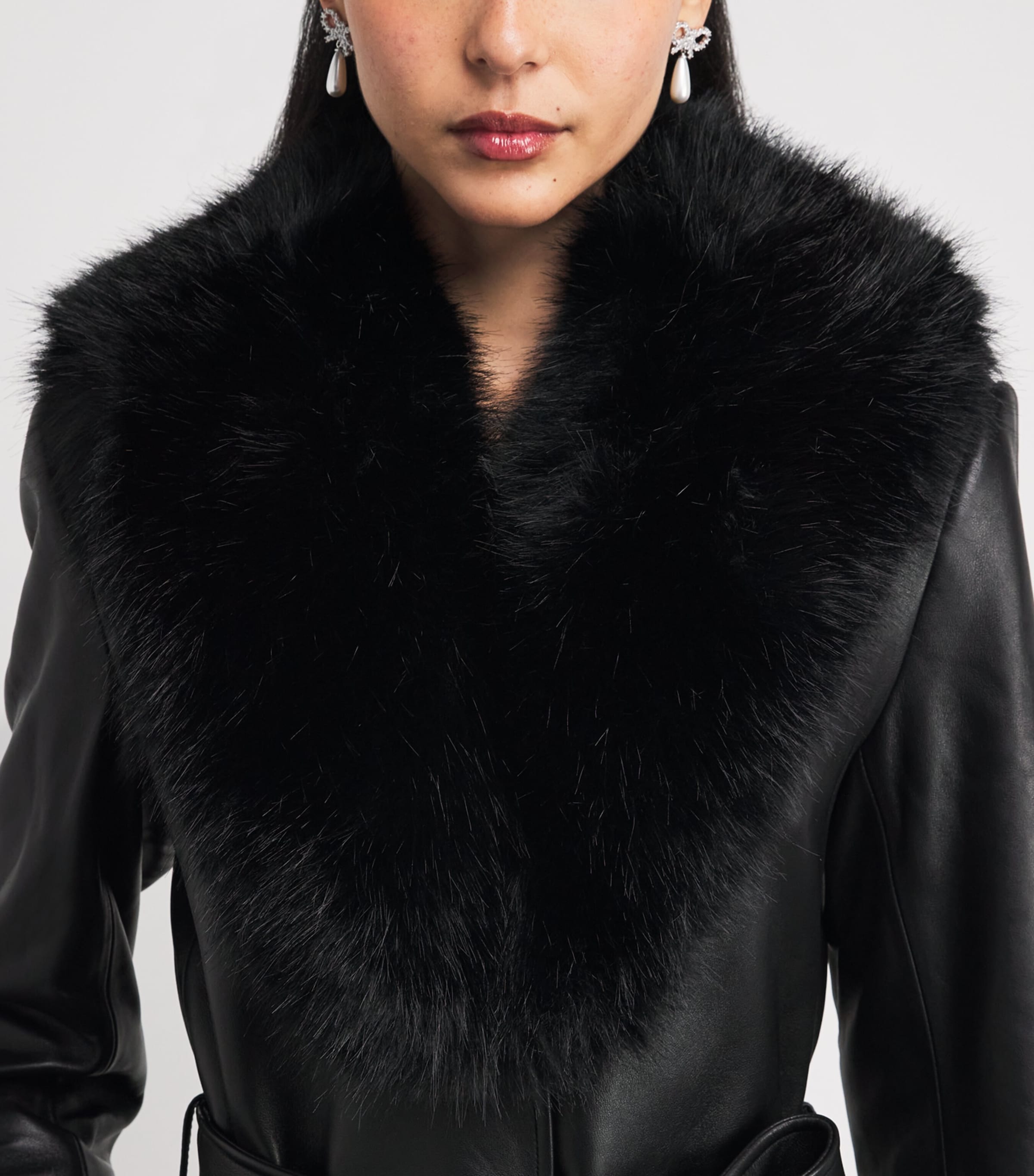 Leather Faux Fur-Trim Coat BLACK Image 4
